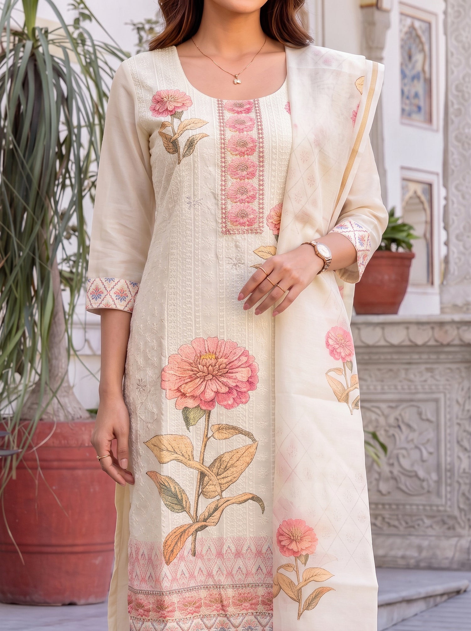Buy Viscose Embroidered Straight Calf Length Kurta With Pant-Off White