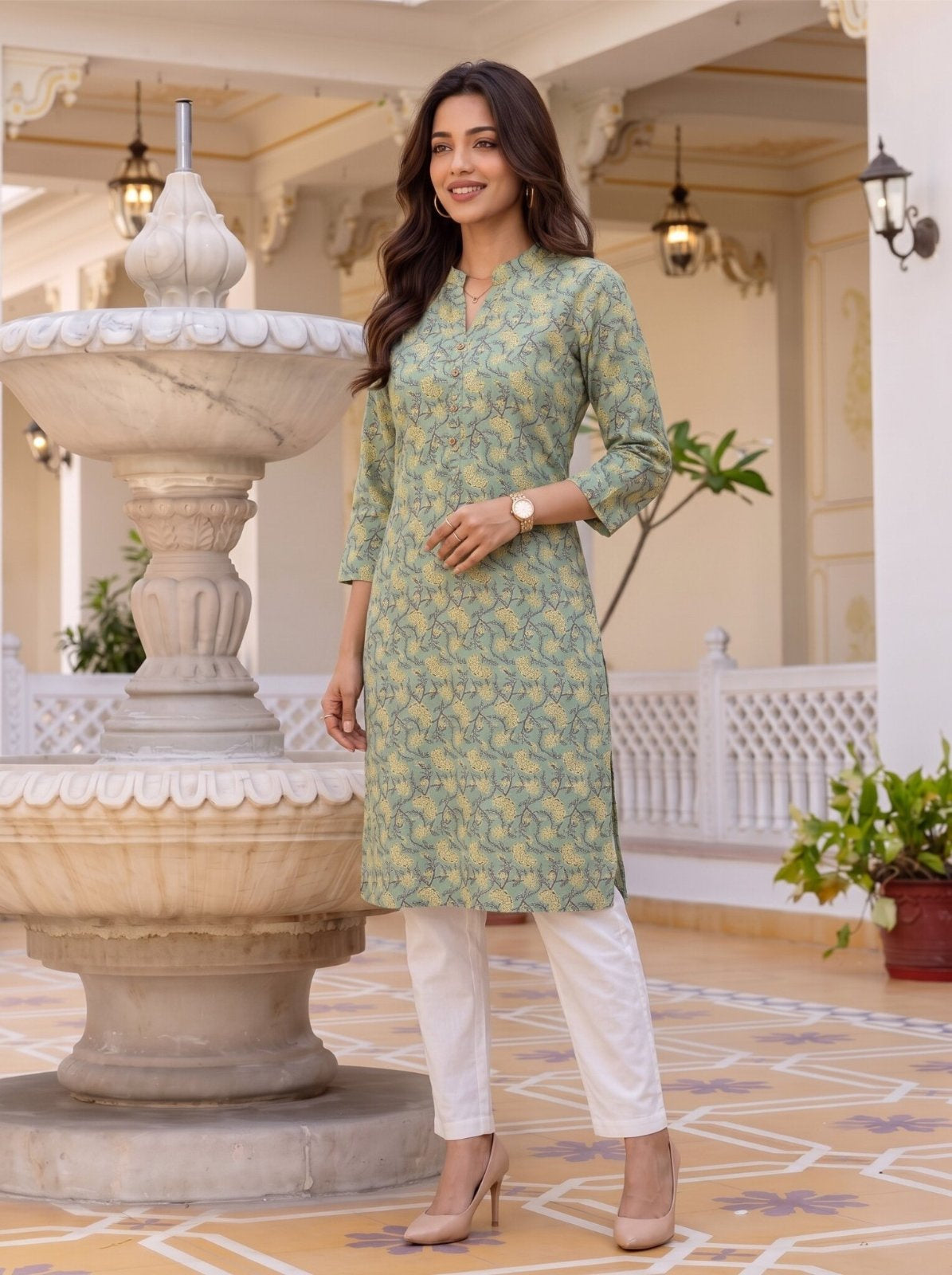 Buy Cotton Printed Straight Knee Length Kurta-Green