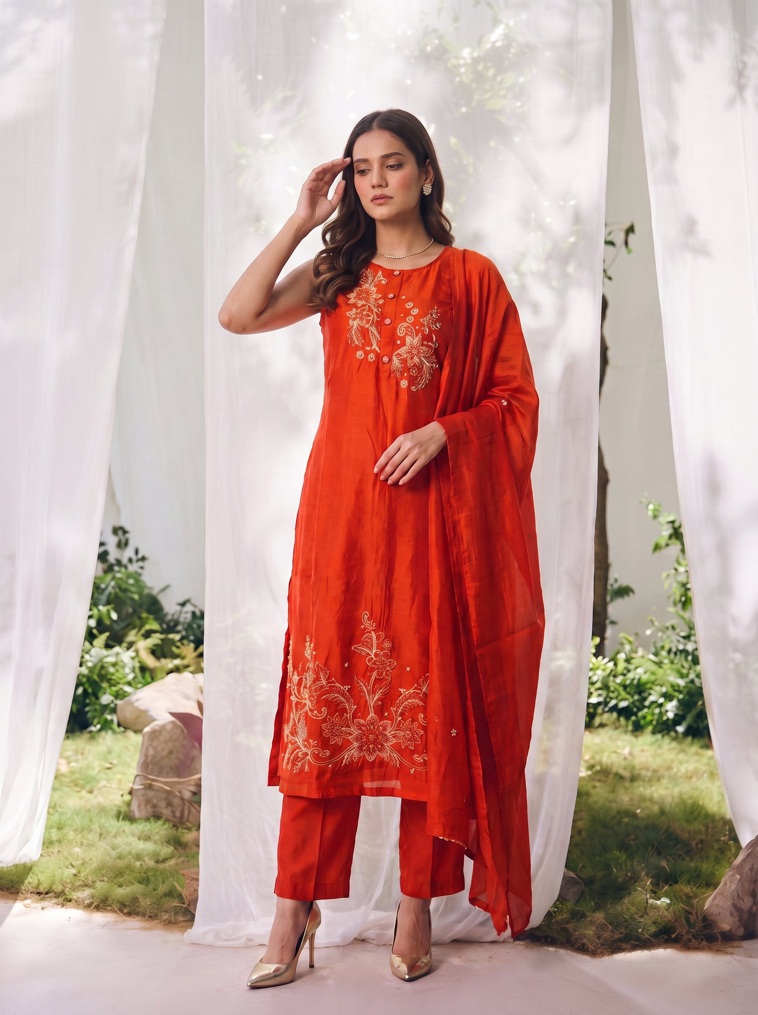 Rayon Embroidered A-Line Calf Length Kurta With Pant