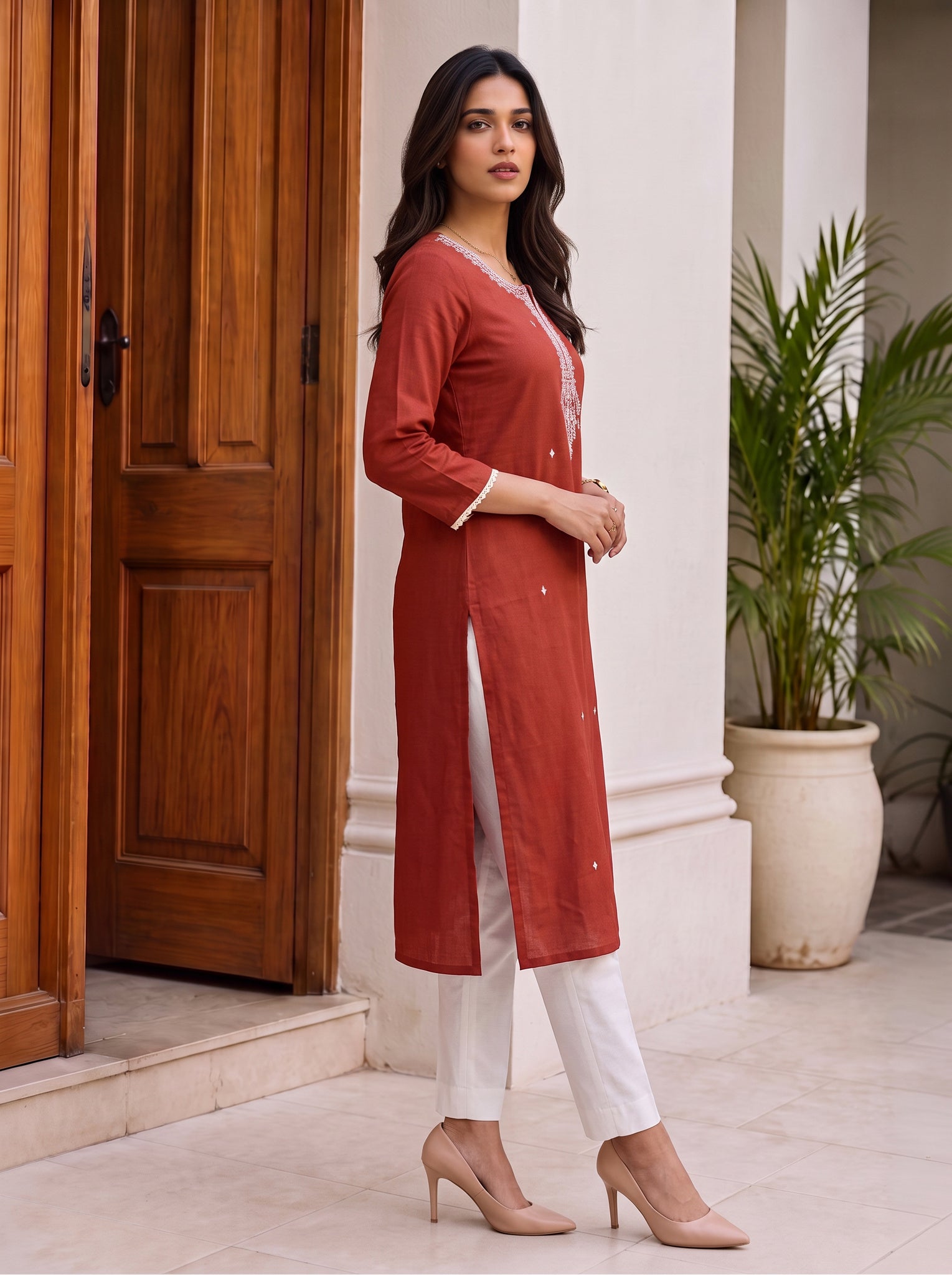 Rayon Embroidered Straight Calf Length Kurta