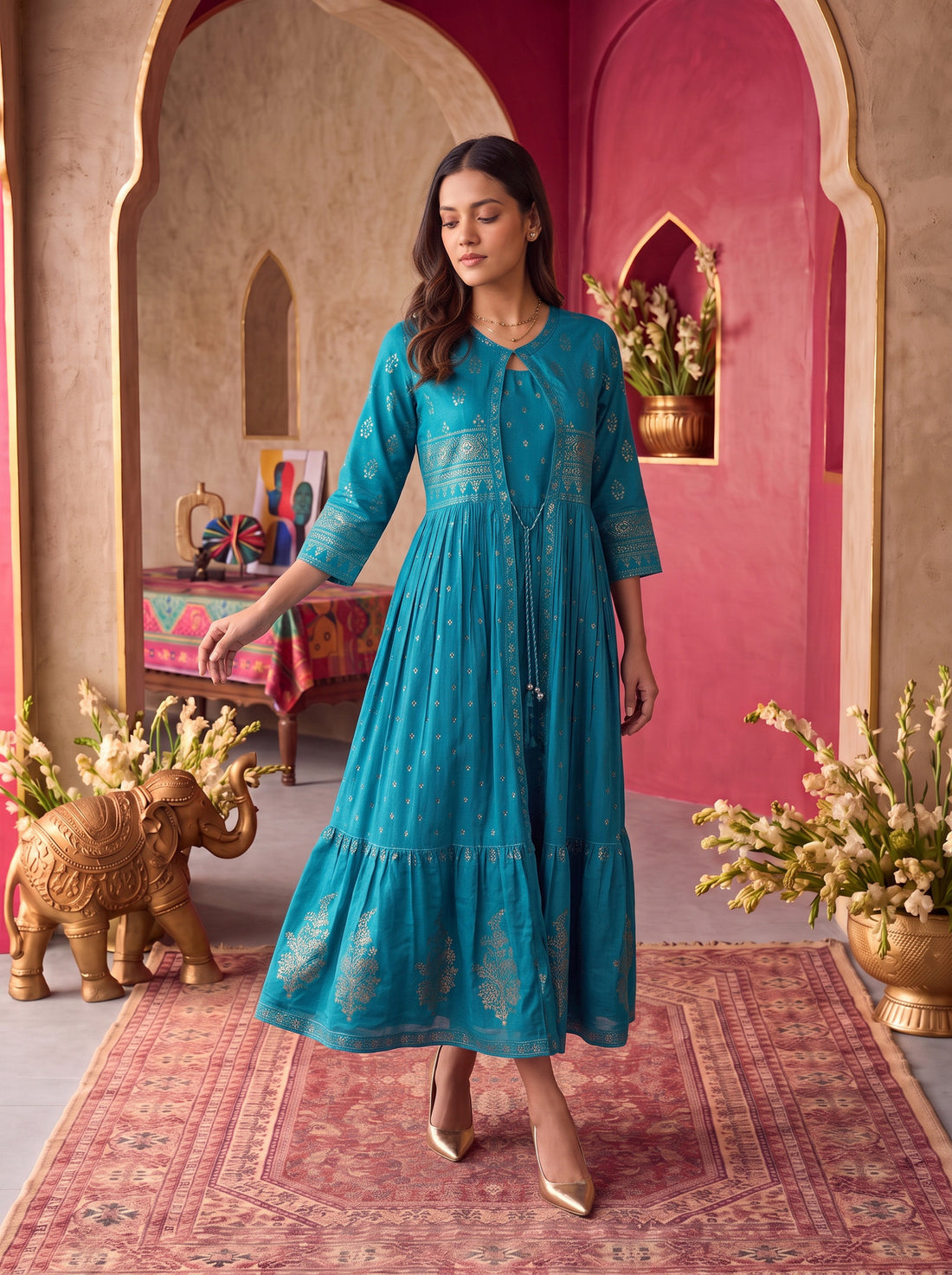 Buy Viscose Printed Flared Calf Length Kurta-Turquoise