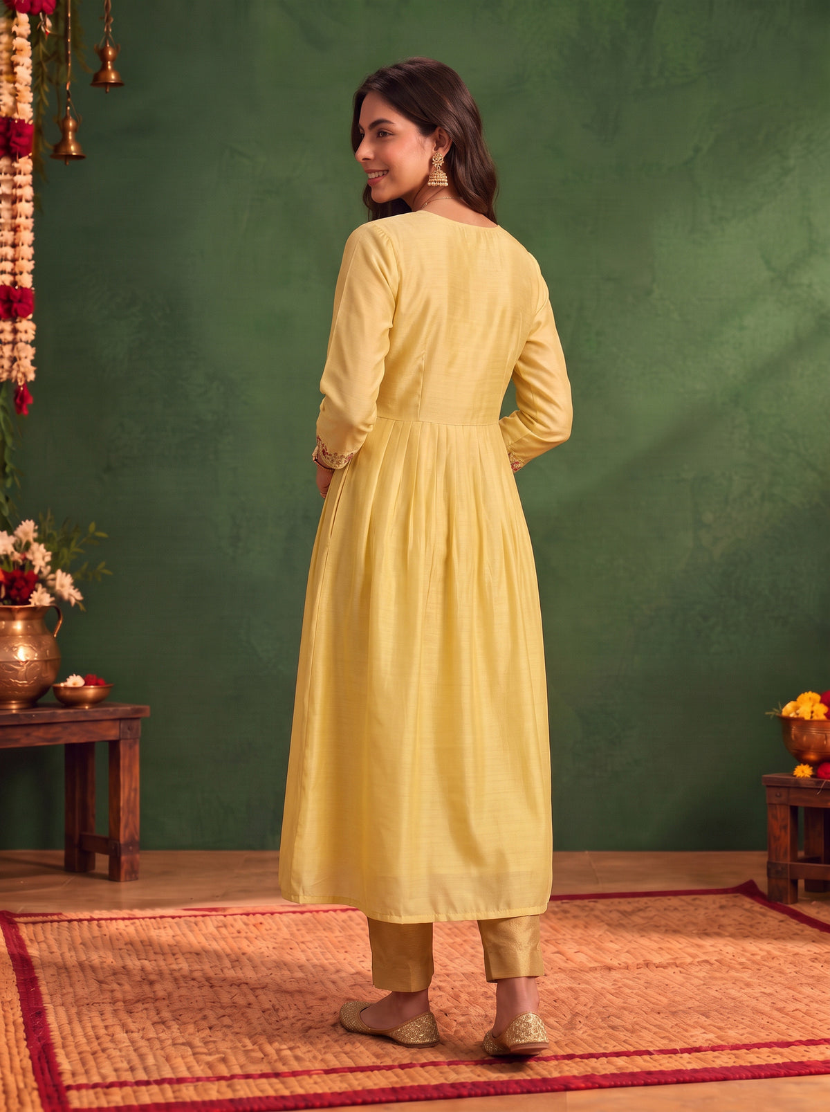 Buy Viscose Embroidered Flared Calf Length Kurta-Yellow
