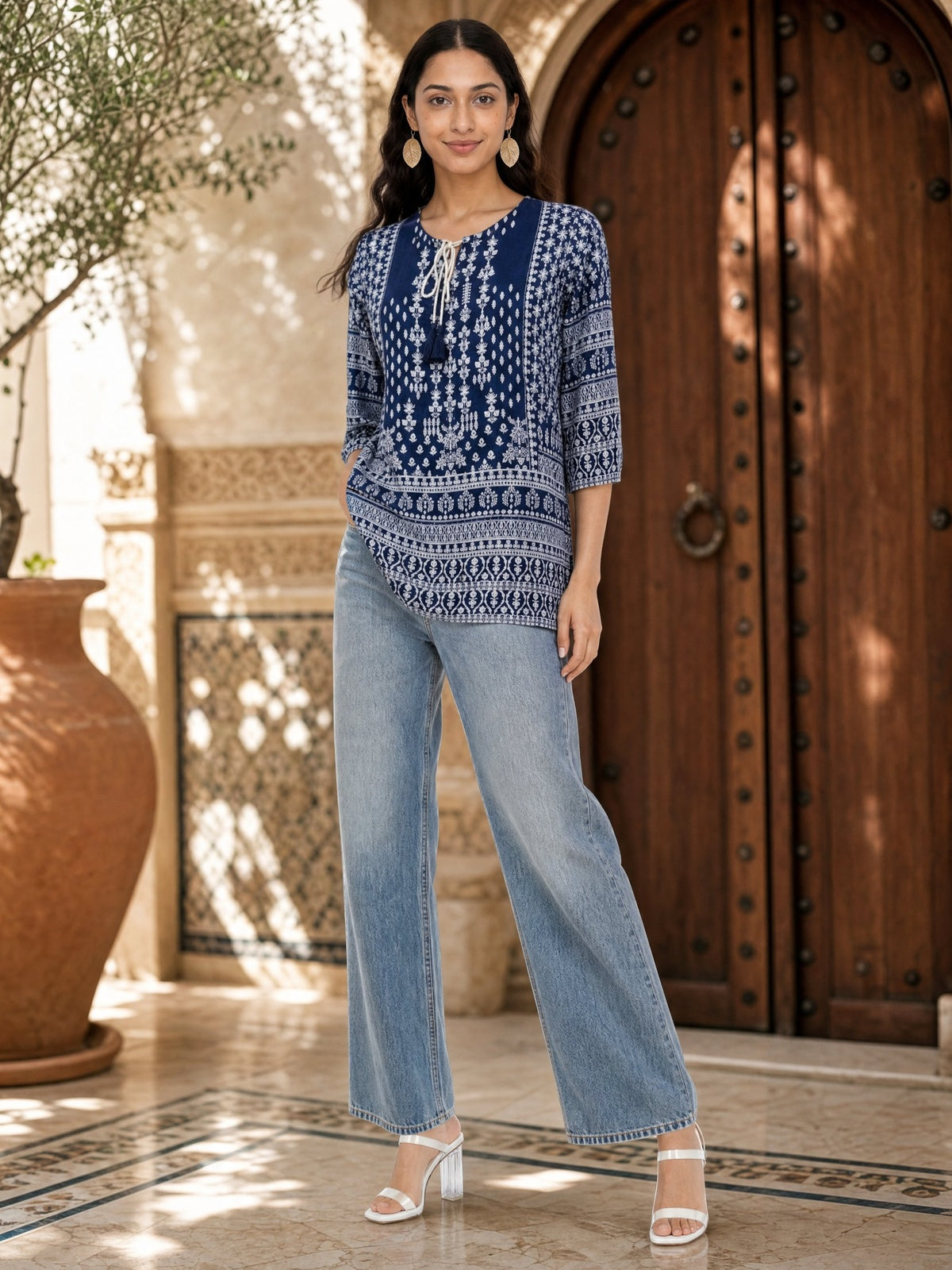 Buy Rayon Printed Straight Short Length Short Kurta-Navy