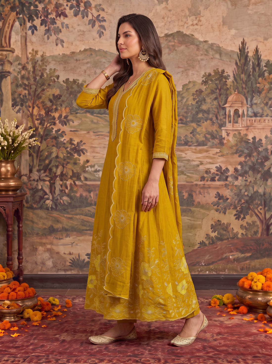 Buy Viscose Embroidered Flared Calf Length Kurta With Pant and Dupatta-Mustard