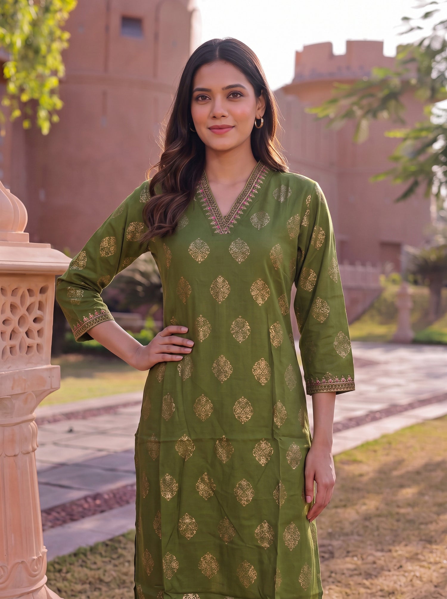 Buy Rayon Embroidered Straight Calf Length Kurta-Green