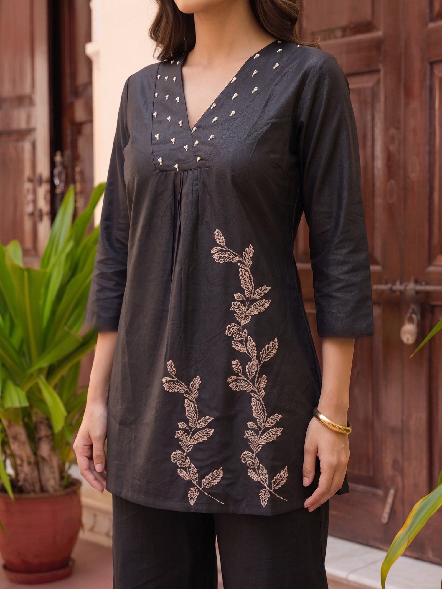 Buy Cotton Embroidered Straight Co-Ord Set-Black