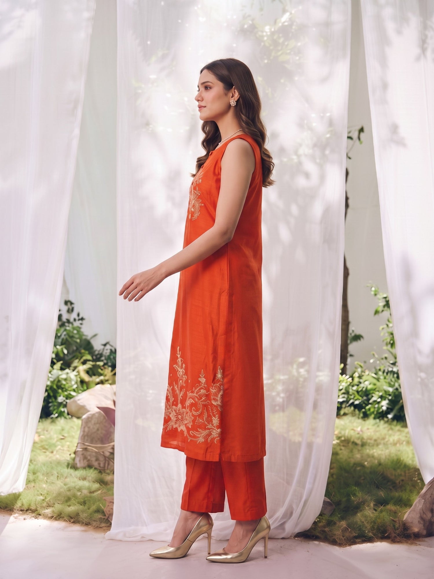 Buy Rayon Embroidered A-Line Calf Length Kurta With Pant-Rust