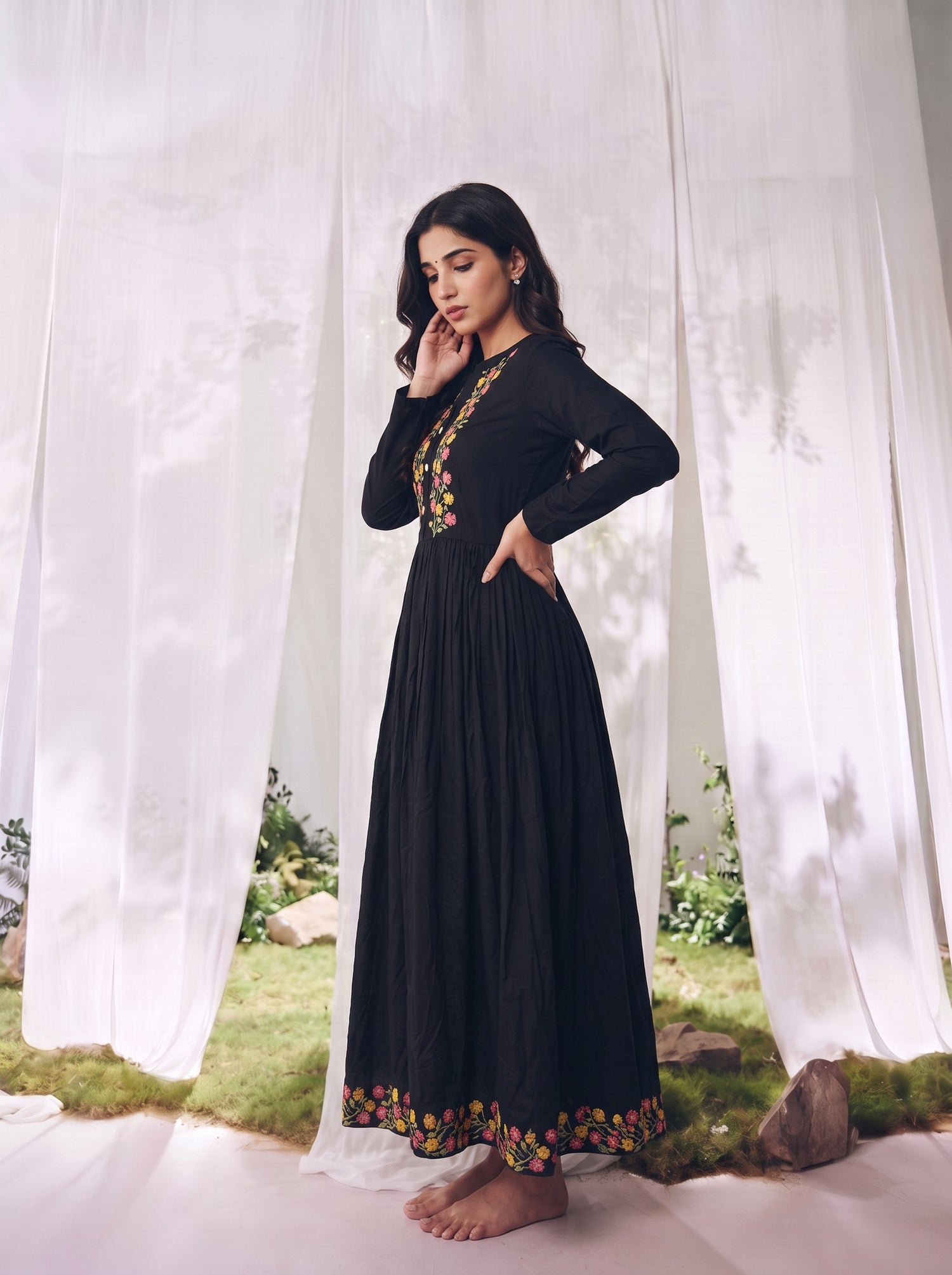 Buy Rayon Embroidered Straight Calf Length Dress-Black