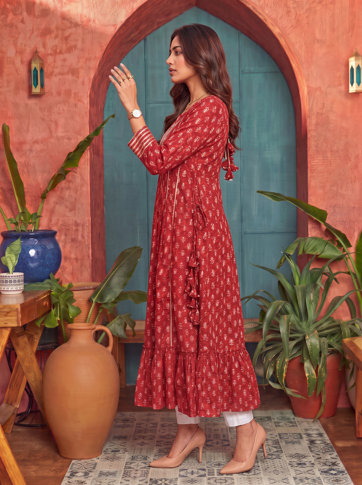 Buy Cotton Embroidered Flared Calf Length Kurta-Red