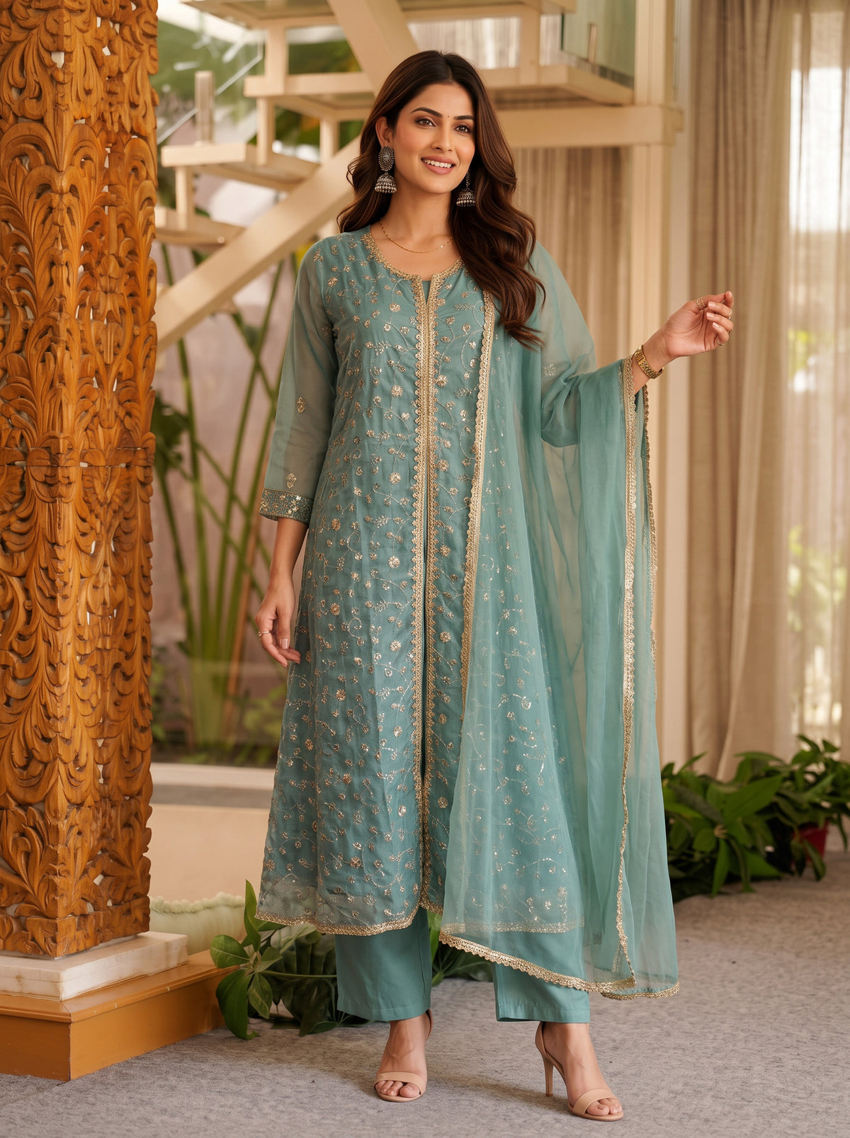 Buy Rayon Embroidered Flared Calf Length Kurta With Pant and Dupatta-Blue