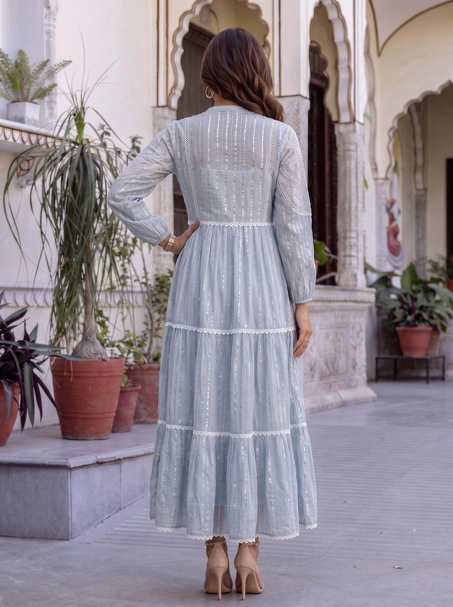 Chanderi Embroidered Flared Calf Length Dress