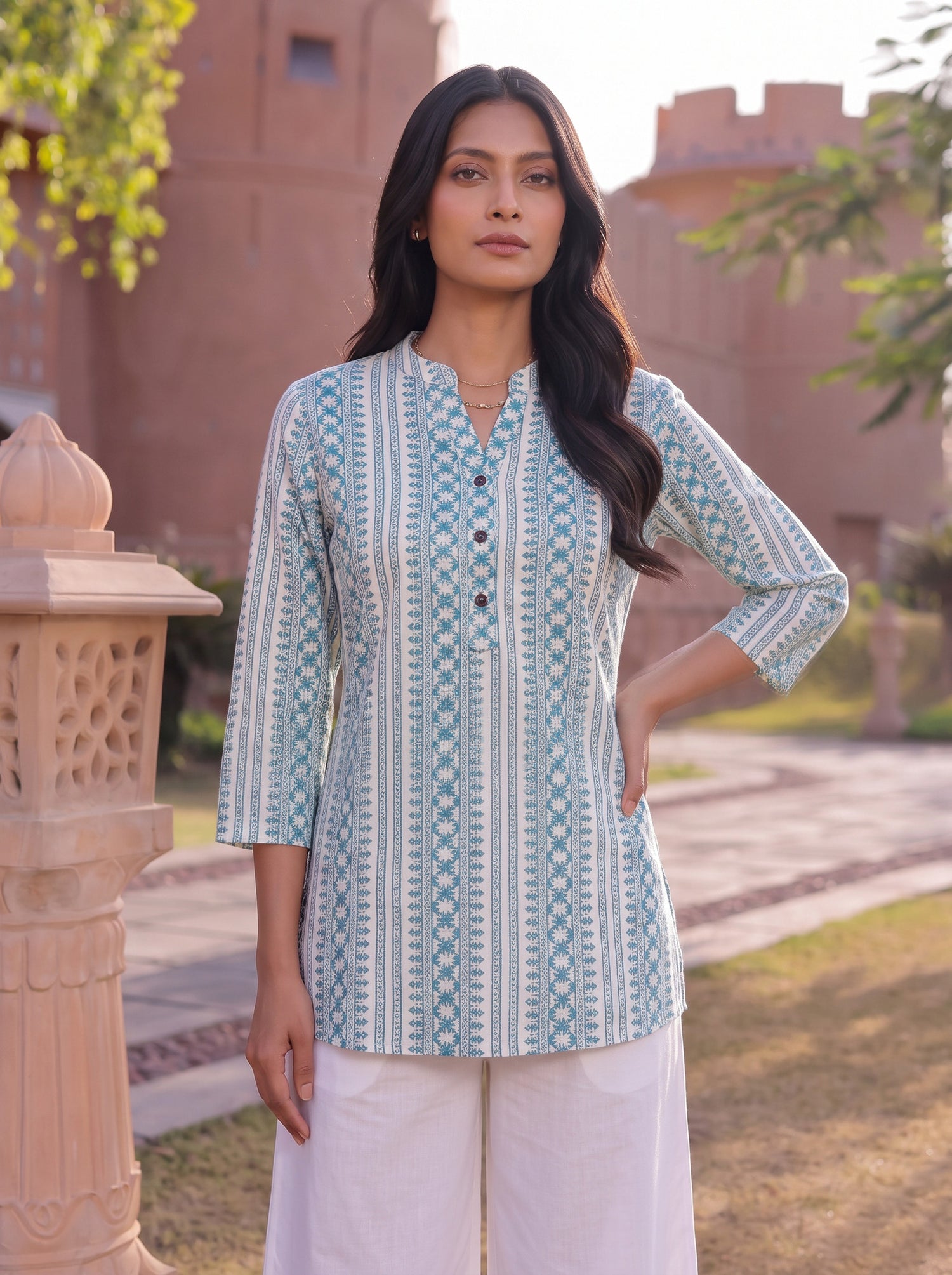 Buy Cotton Printed Straight Short Length Short Kurta-Sea Green