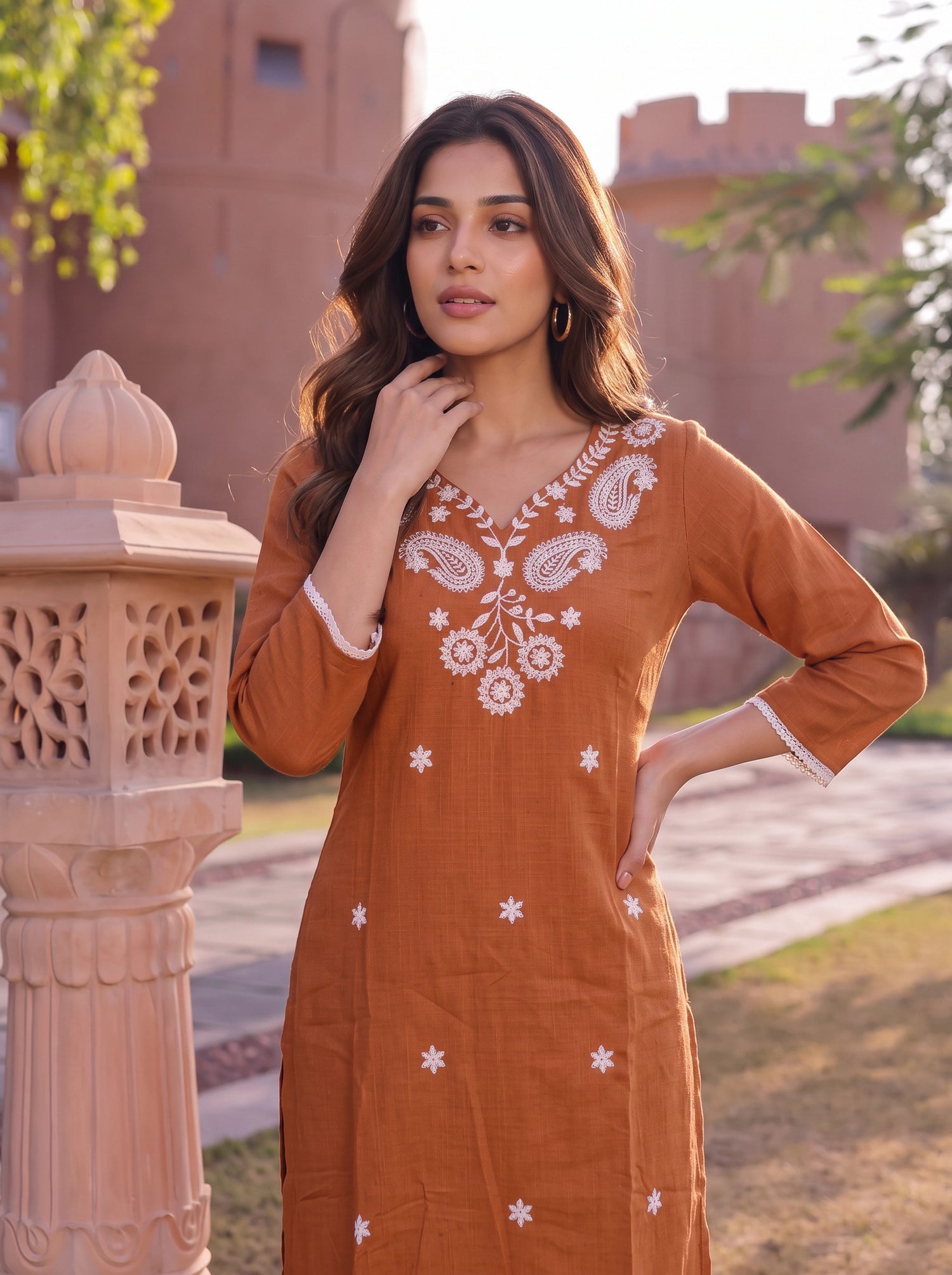 Buy Cotton Embroidered Straight Calf Length Kurta-Rust