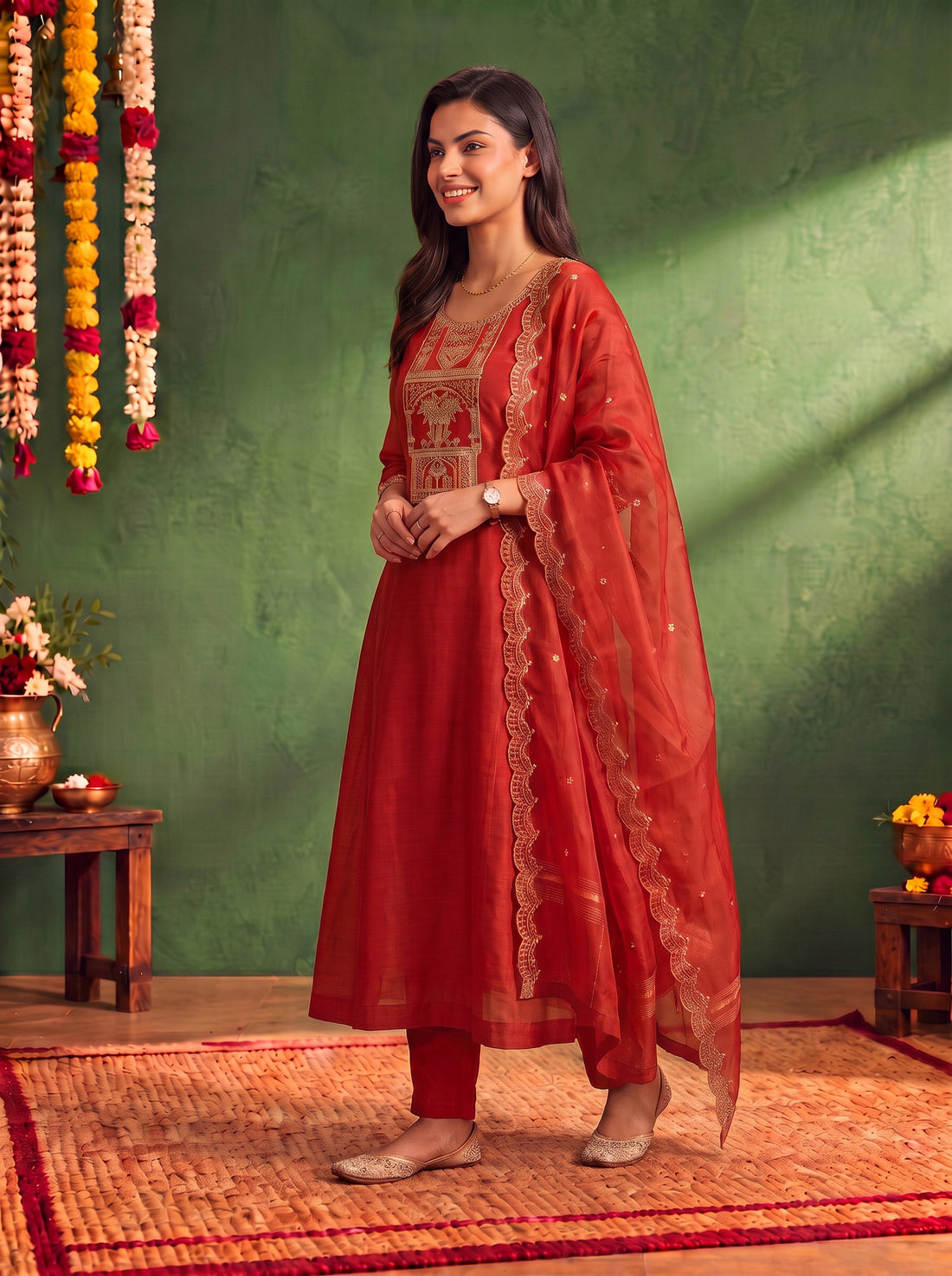 Buy Chanderi Embroidered Flared Calf Length Kurta With Pant and Dupatta-Rust
