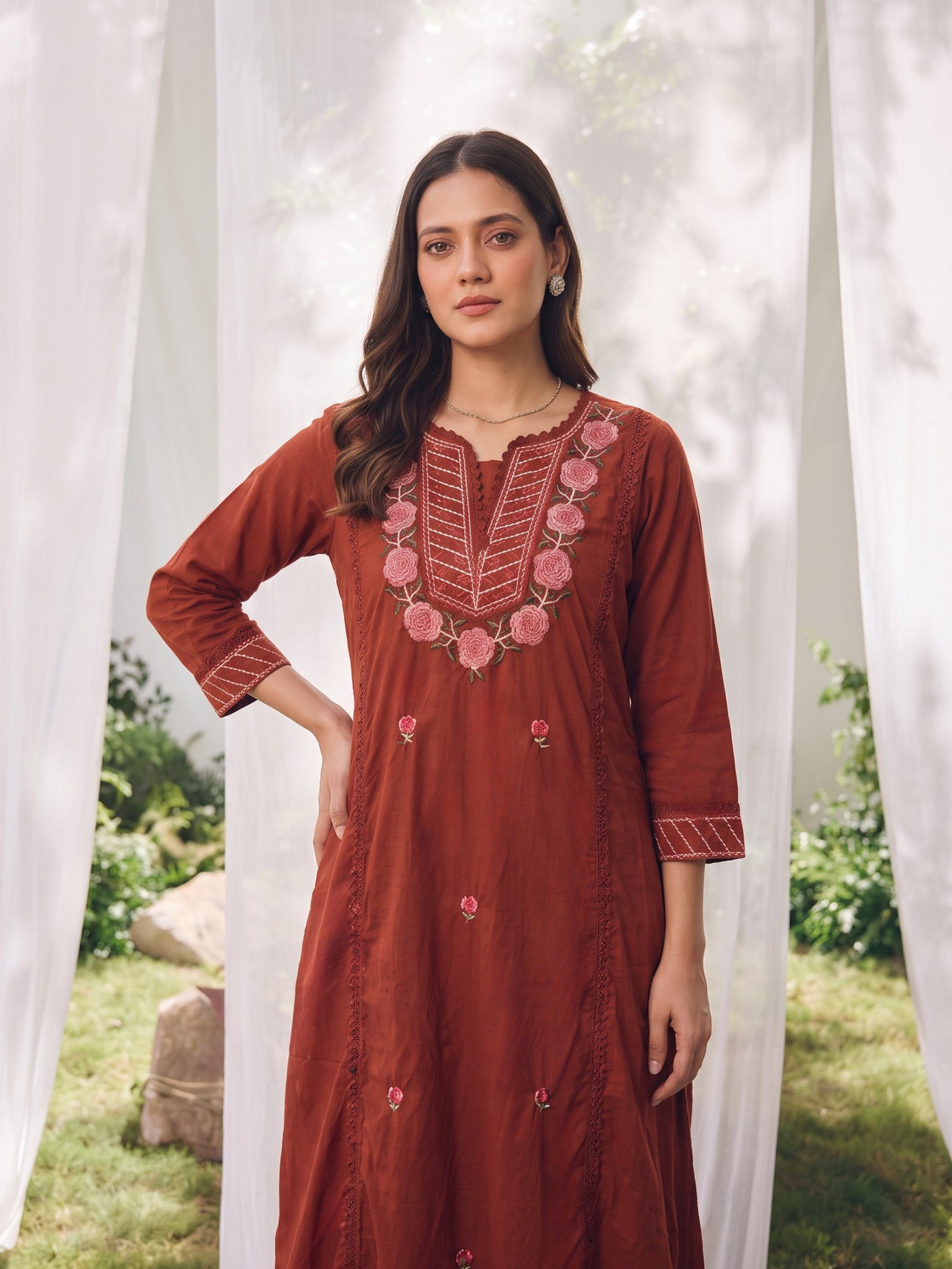 Cotton Embroidered A-Line Calf Length Kurta With Pant