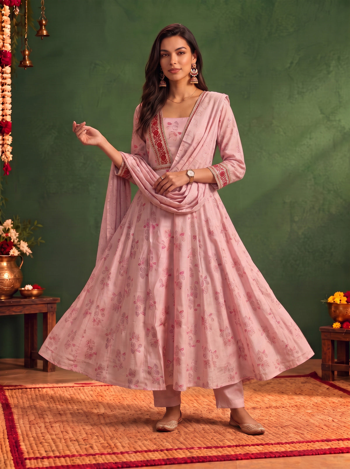 Viscose Embroidered Flared Calf Length Kurta With Pant and Dupatta