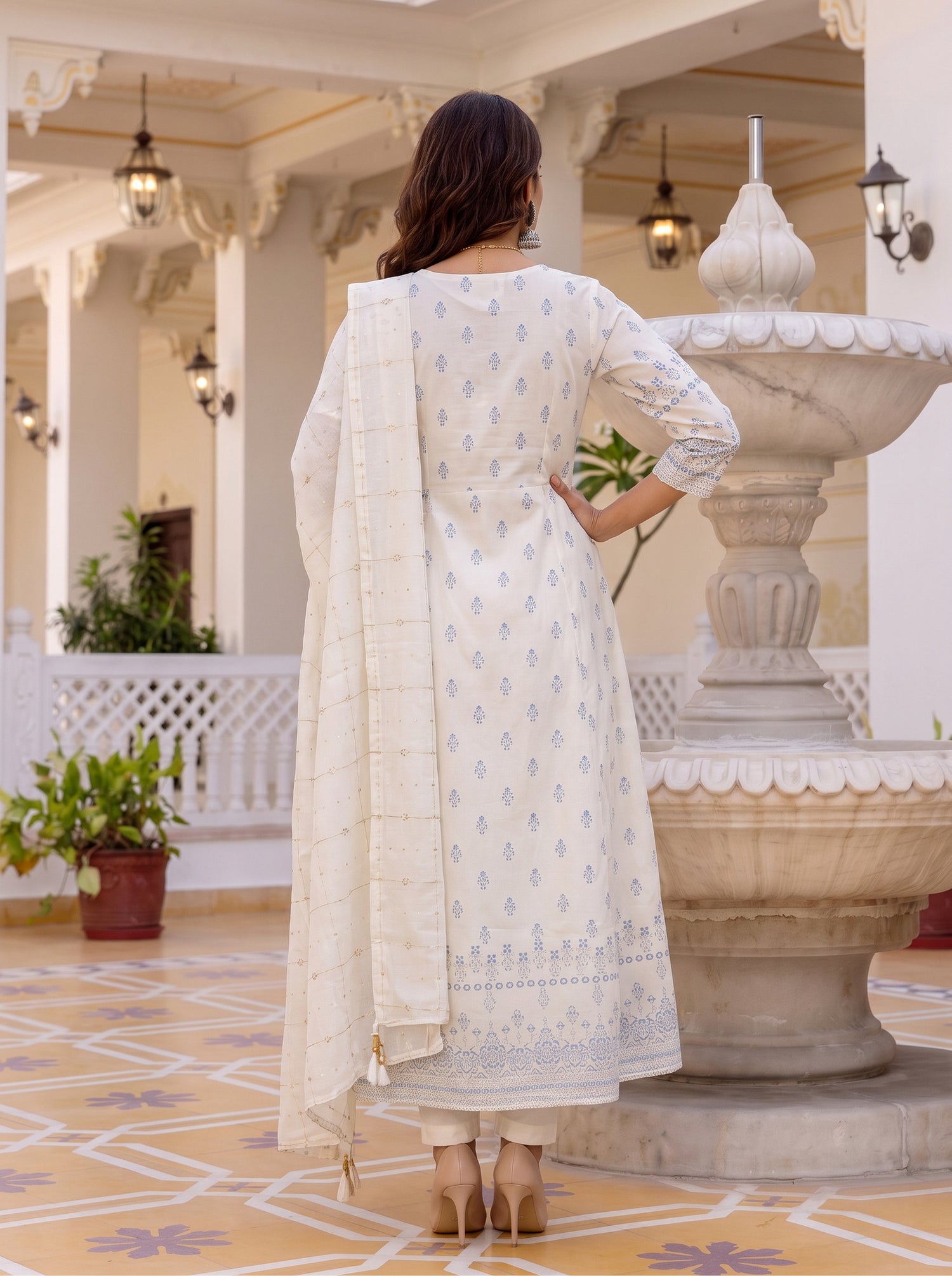 Buy Viscose Embroidered Flared Calf Length Kurta With Pant-Off White