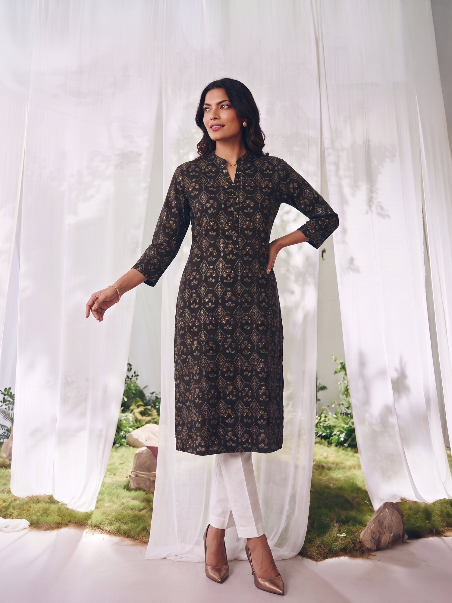 Buy Rayon Printed Straight Calf Length Kurta-Black