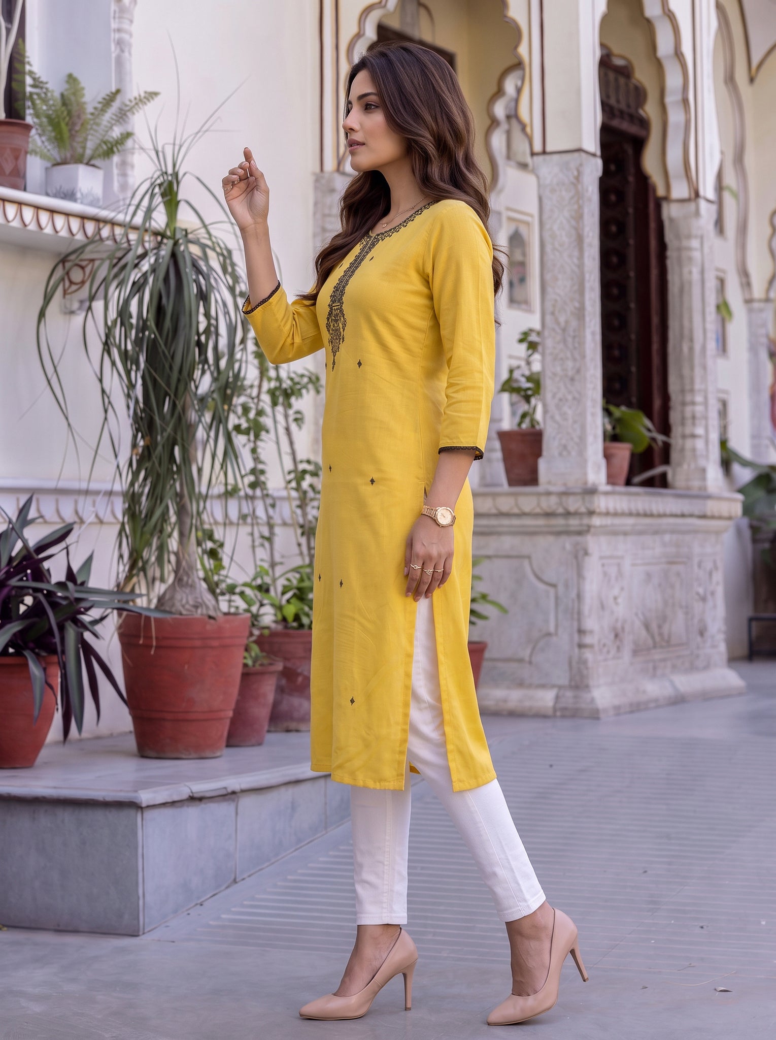 Rayon Embroidered Straight Calf Length Kurta