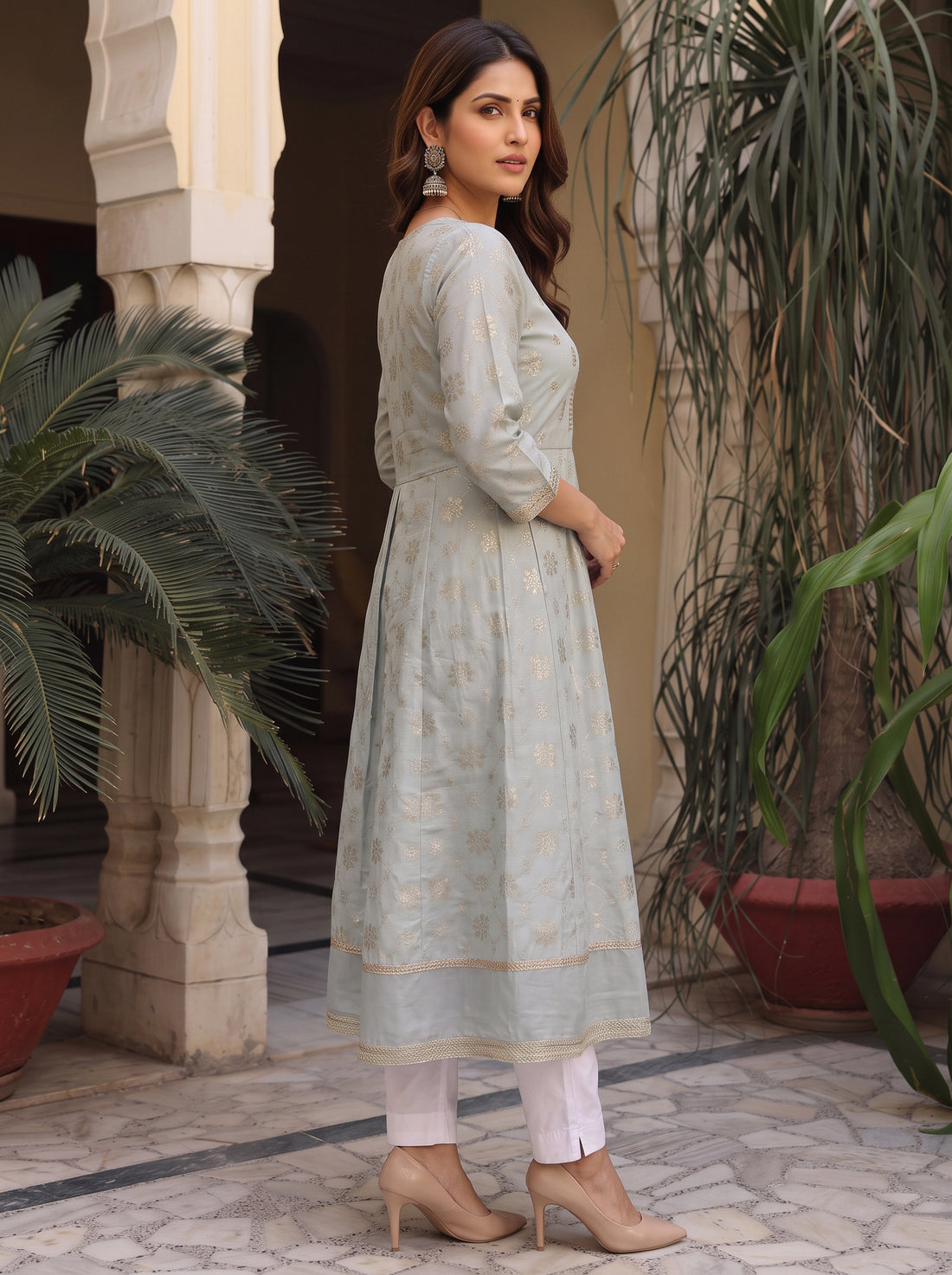 Buy Viscose Embroidered Flared Calf Length Kurta-Green