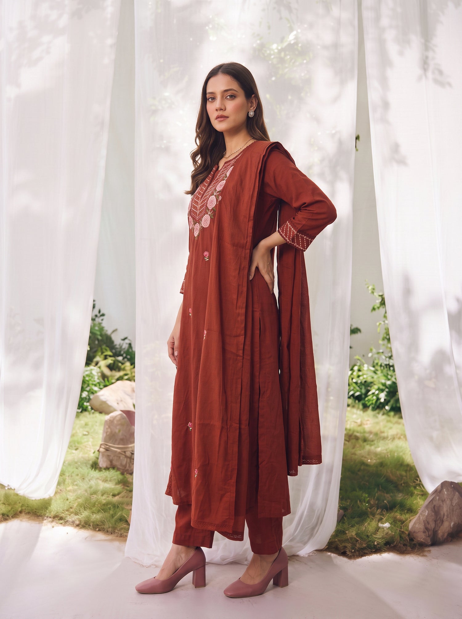 Buy Cotton Embroidered A-Line Calf Length Kurta With Pant-Rust