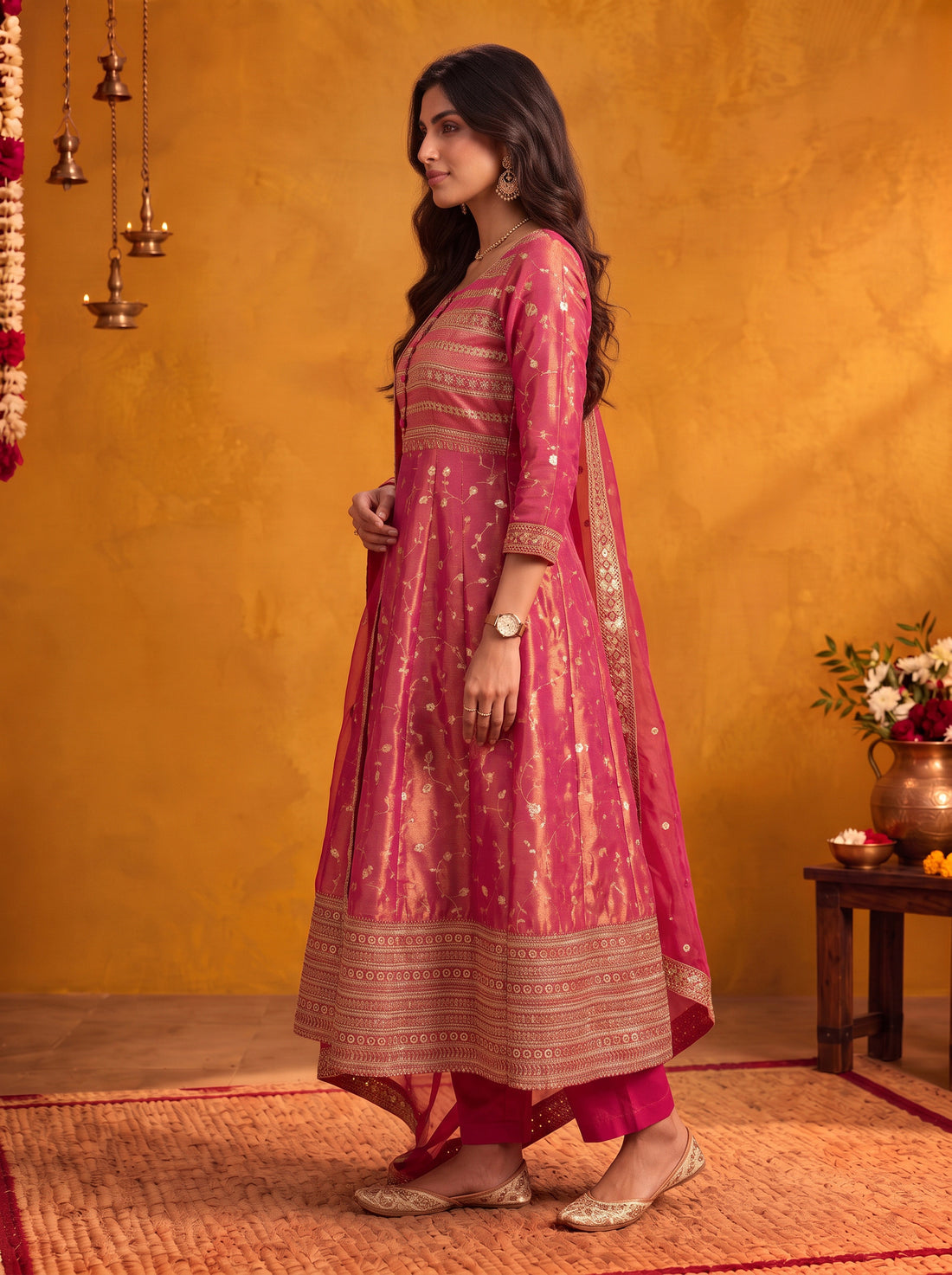 Buy Viscose Embroidered Flared Calf Length Kurta With Pant and Dupatta-Fuchsia