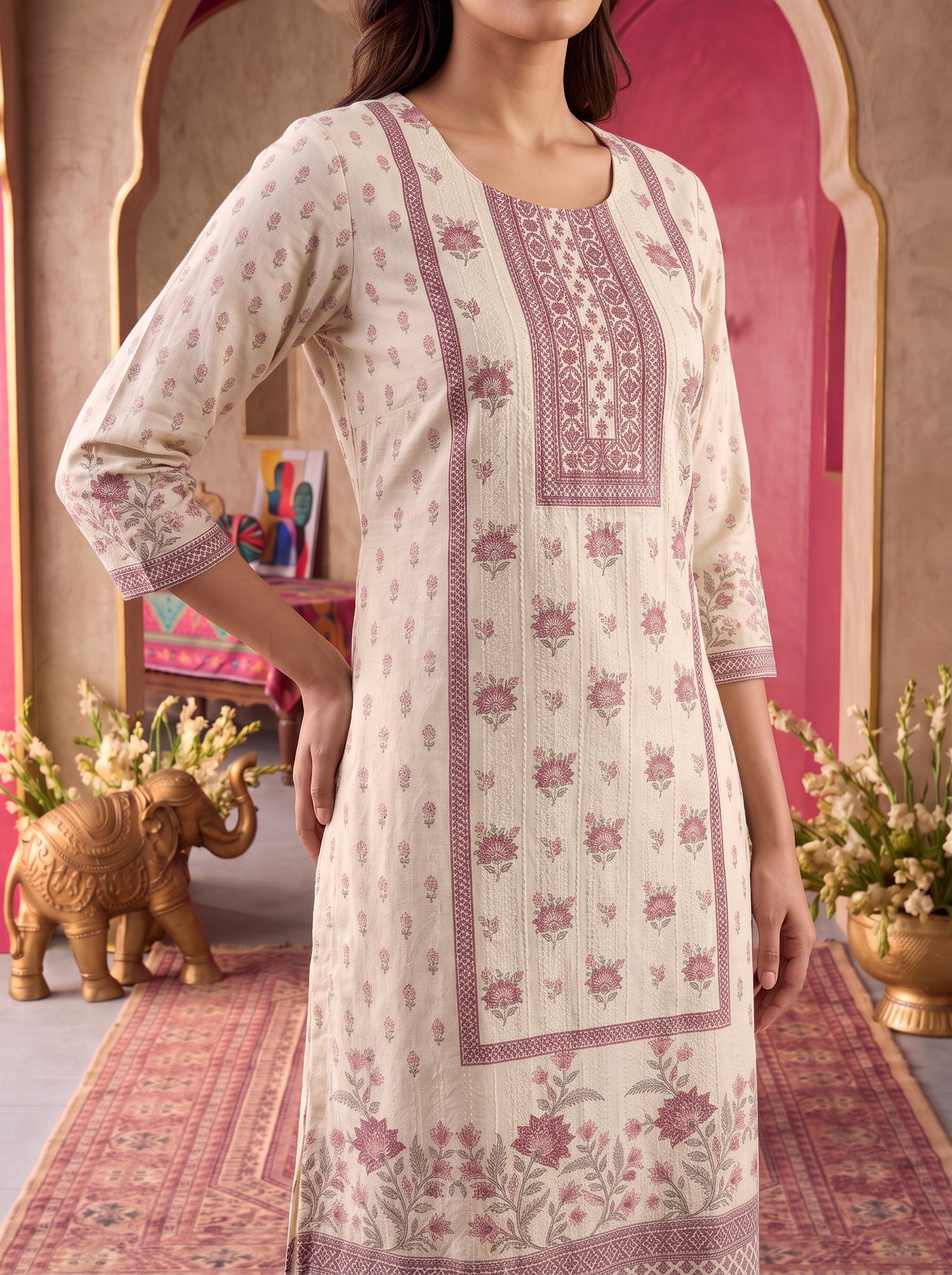 Buy Viscose Embroidered Straight Calf Length Kurta With Pant and Dupatta-Off White