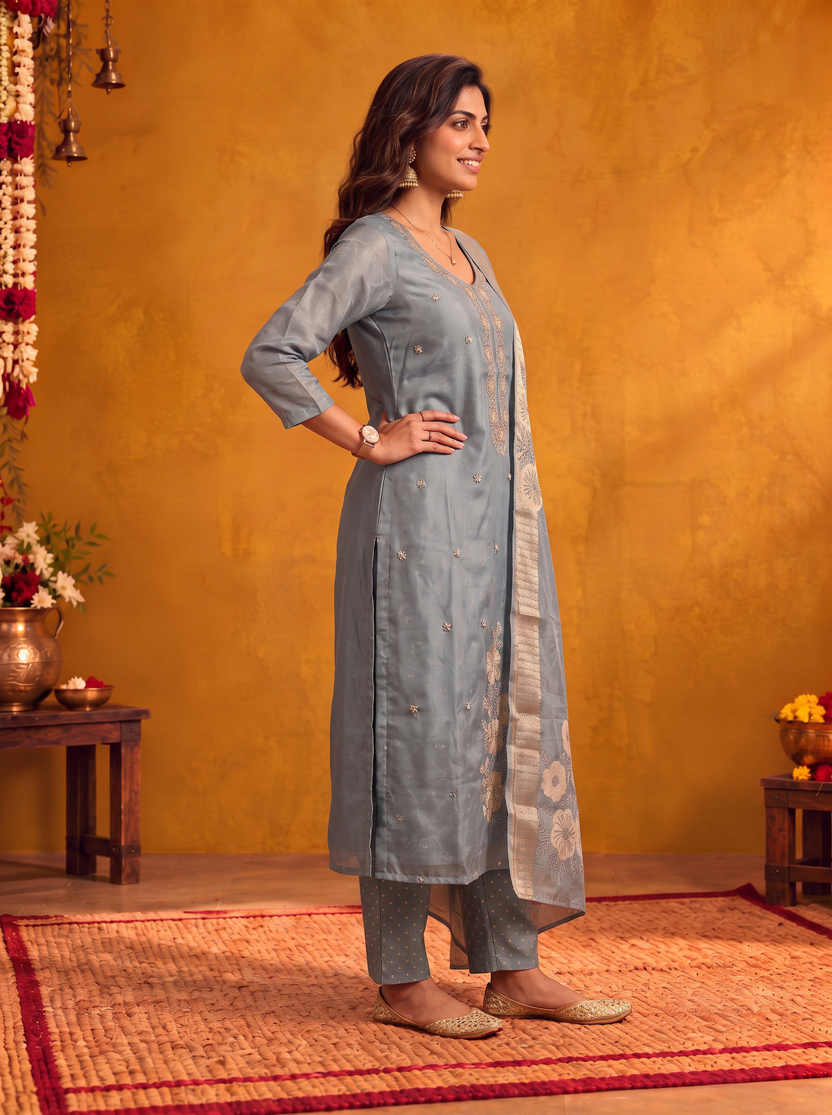 Viscose Embroidered Straight Calf Length Kurta With Pant and Dupatta