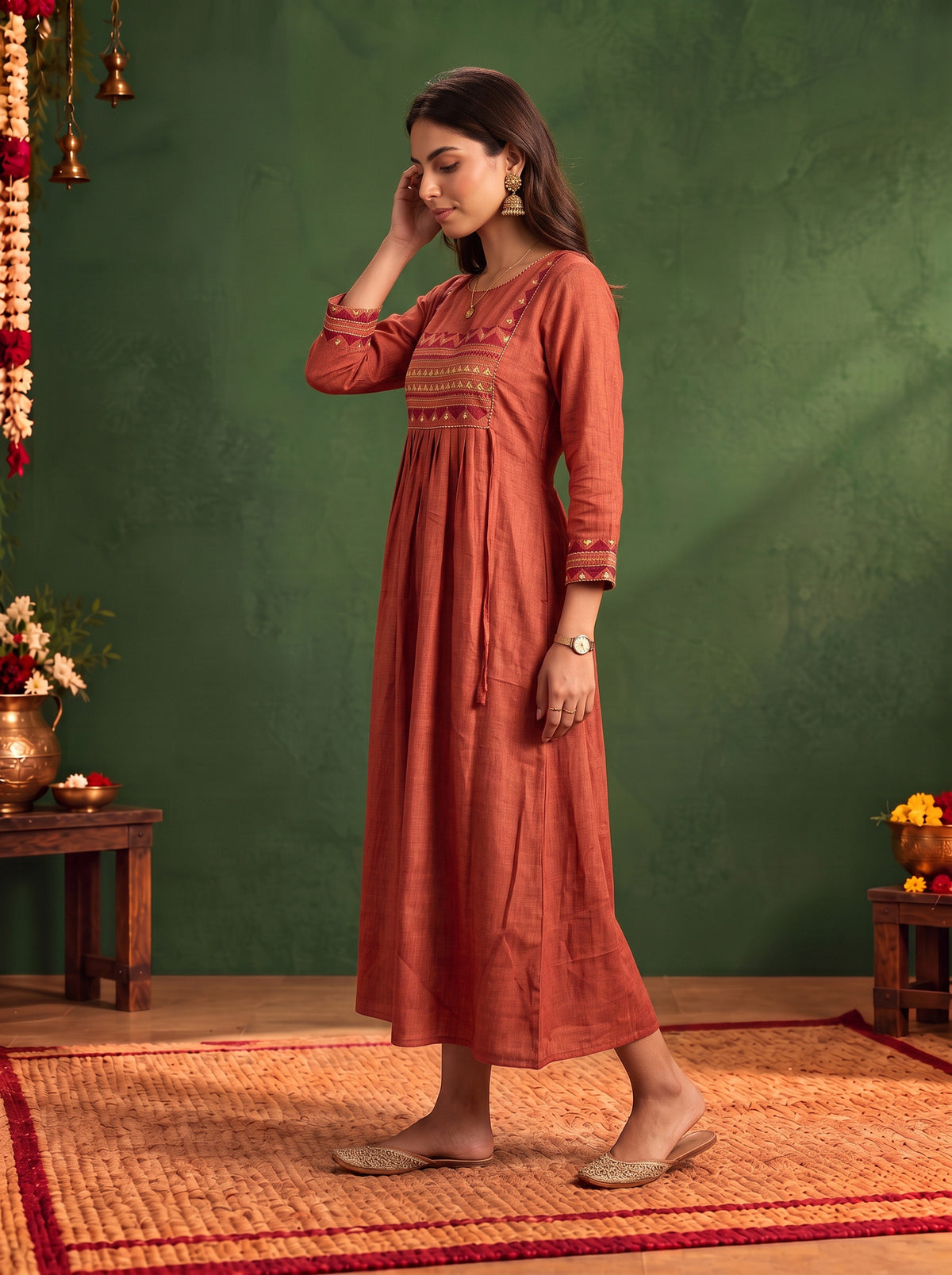 Buy Viscose Embroidered Flared Calf Length Dress-Maroon