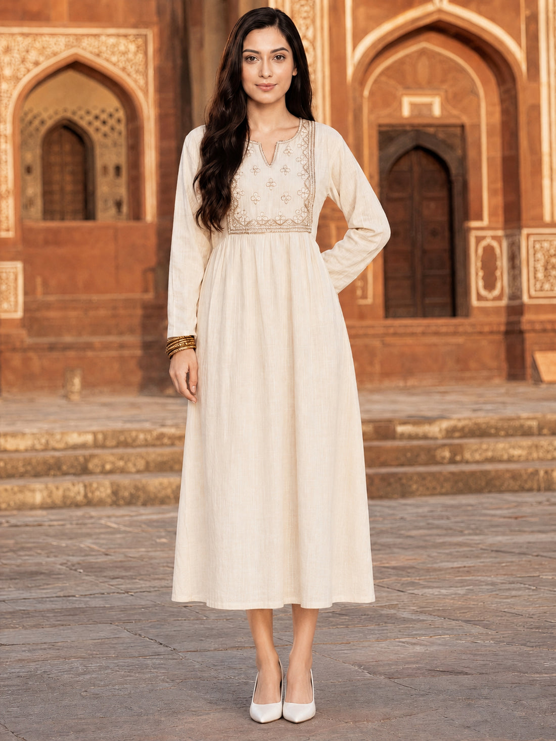 Buy Viscose Embroidered Flared Calf Length Dress-White