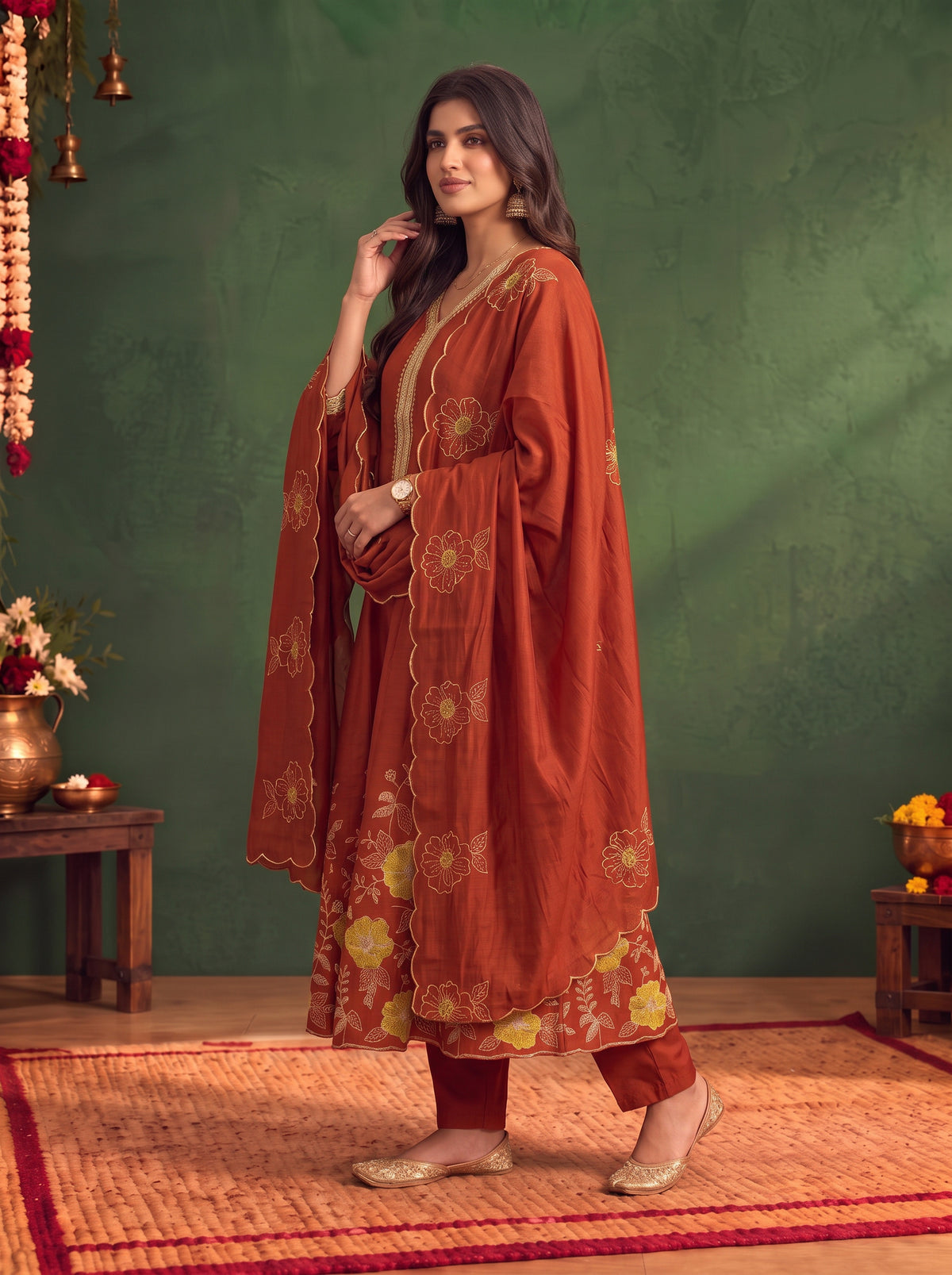 Viscose Embroidered Flared Calf Length Kurta With Pant and Dupatta