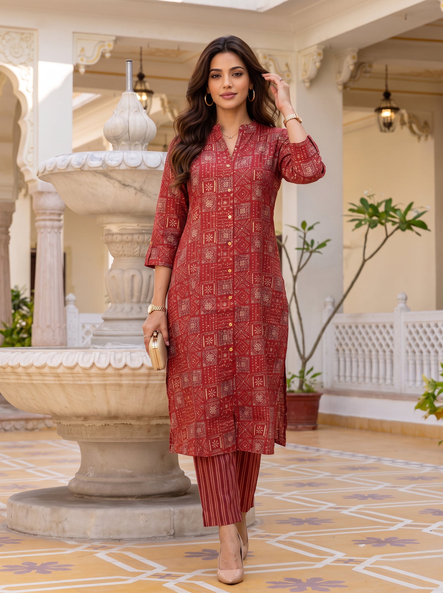 Viscose Printed A-Line Calf Length Kurta With Pant
