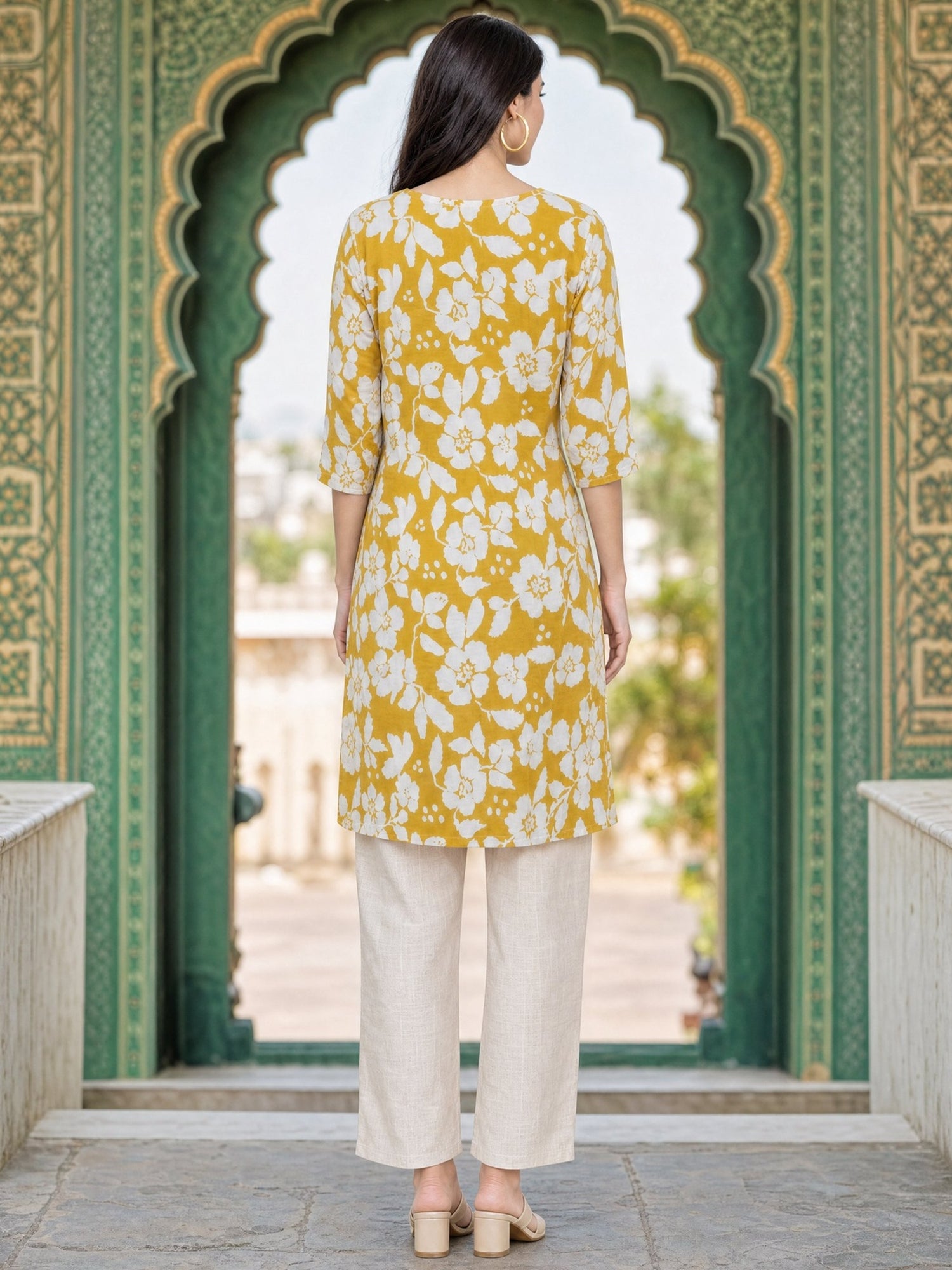 Buy Rayon Printed Straight Knee Length Kurta-Yellow