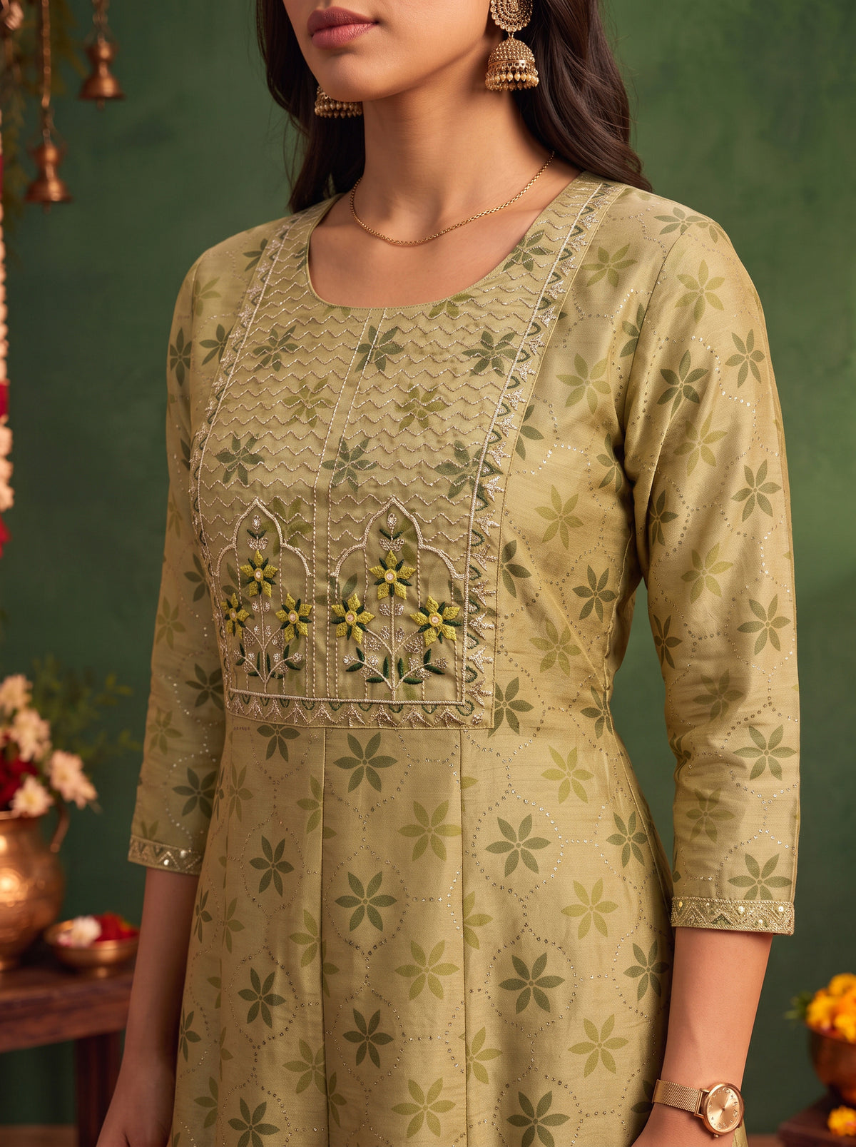 Buy Chanderi Embroidered Flared Calf Length Kurta-Green