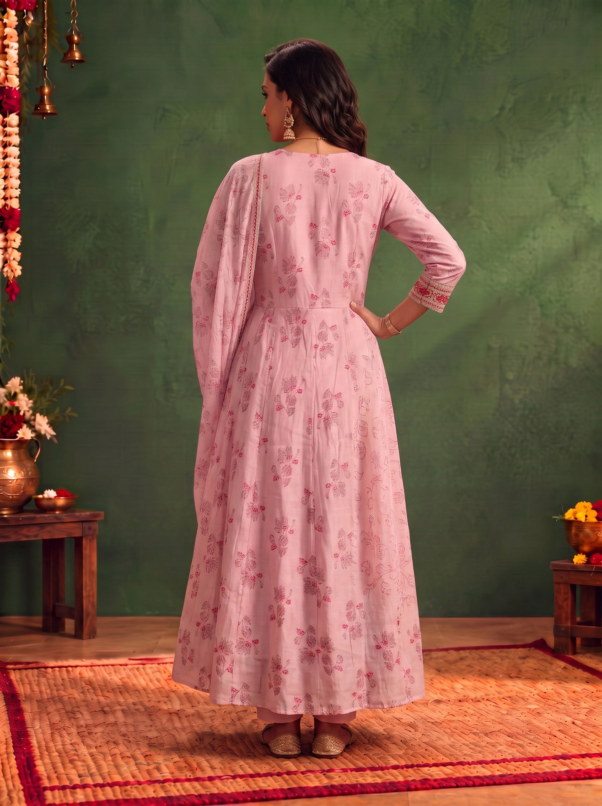 Buy Viscose Embroidered Flared Calf Length Kurta With Pant and Dupatta-Pink
