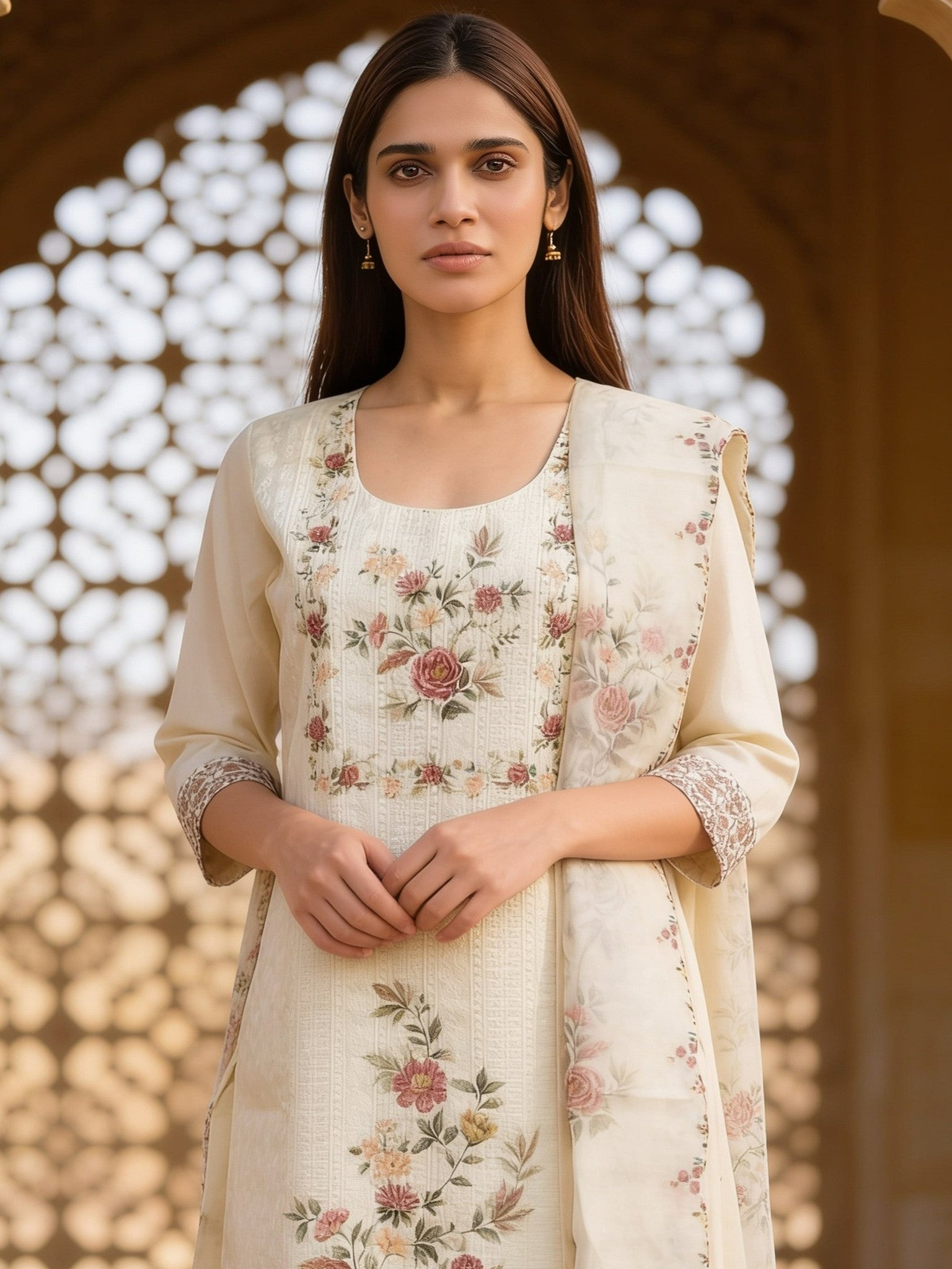 Viscose Embroidered Straight Calf Length Kurta With Pant and Dupatta