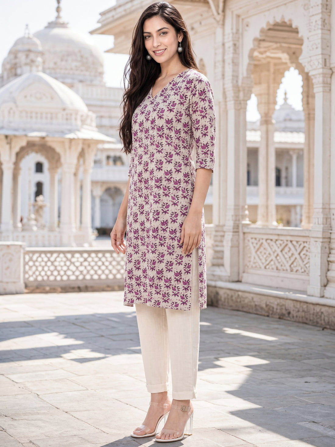 Buy Cotton Printed Straight Knee Length Kurta-Pink