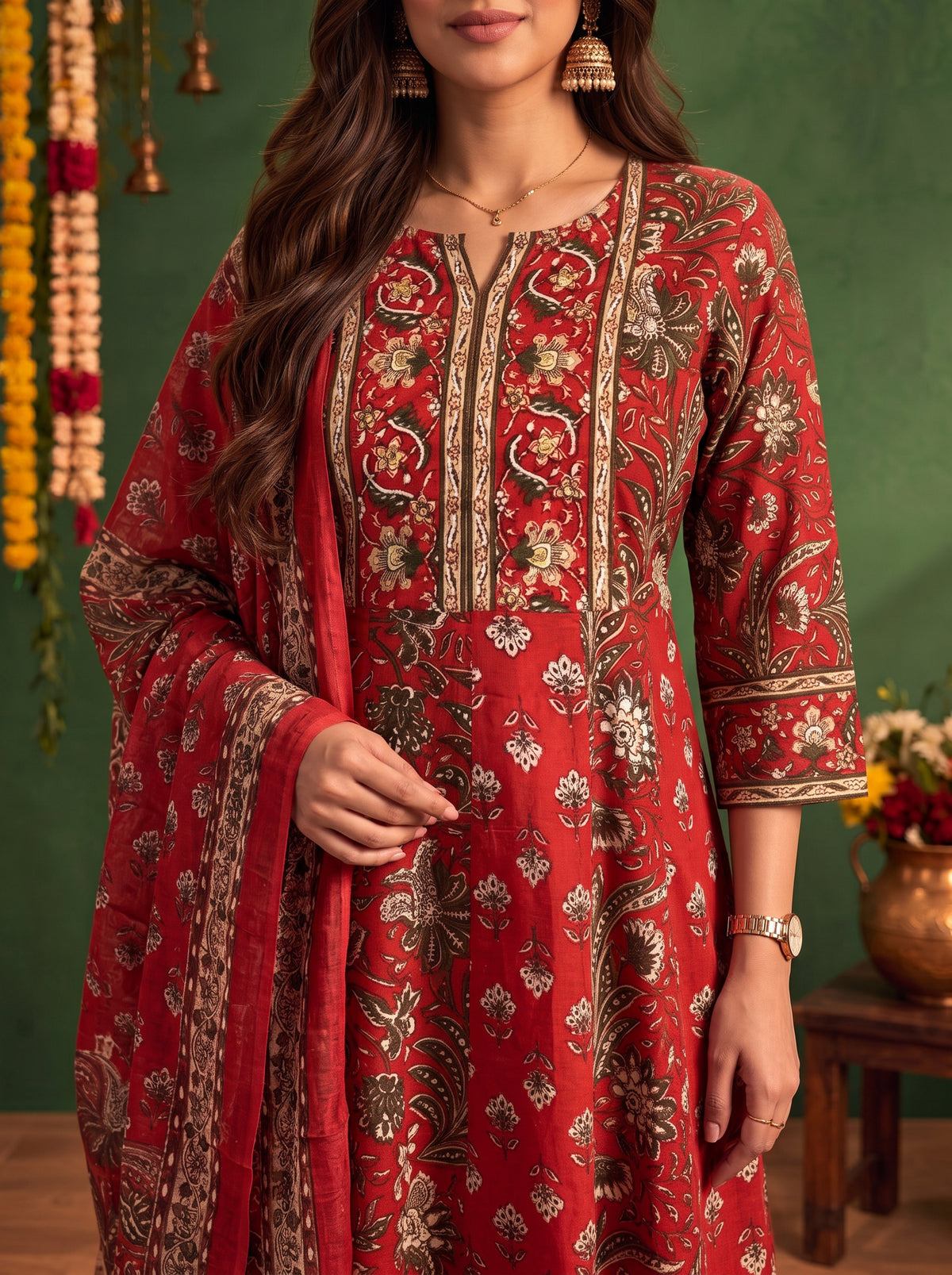 Buy Cotton Printed Flared Calf Length Kurta With Pant and Dupatta-Red
