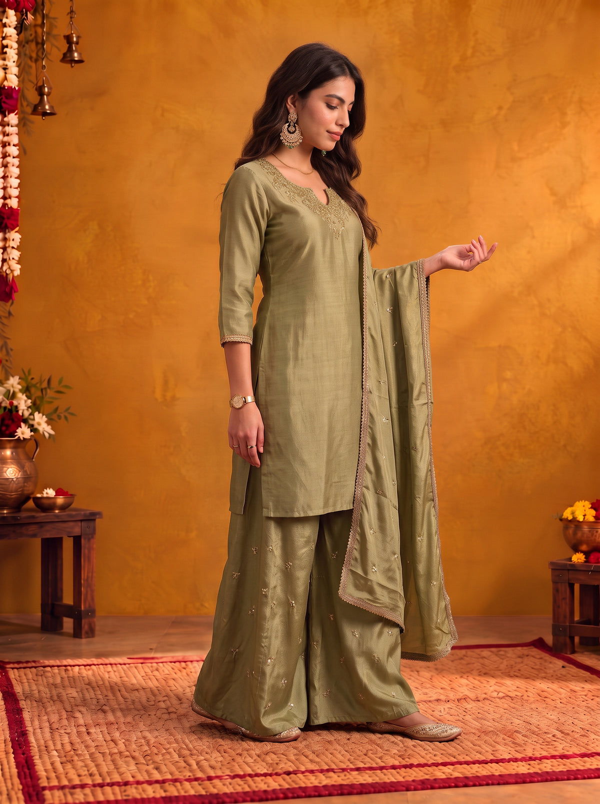 Viscose Embroidered Straight Knee Length Kurta With Pant and Dupatta