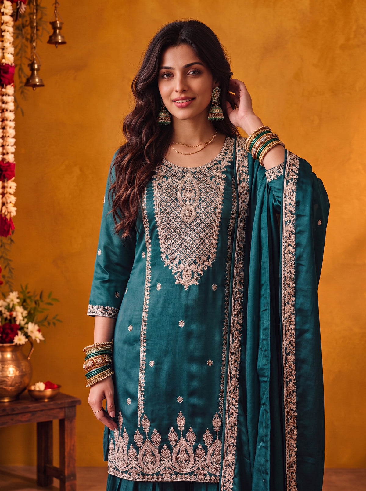 Viscose Embroidered Straight Knee Length Kurta With Pant and Dupatta