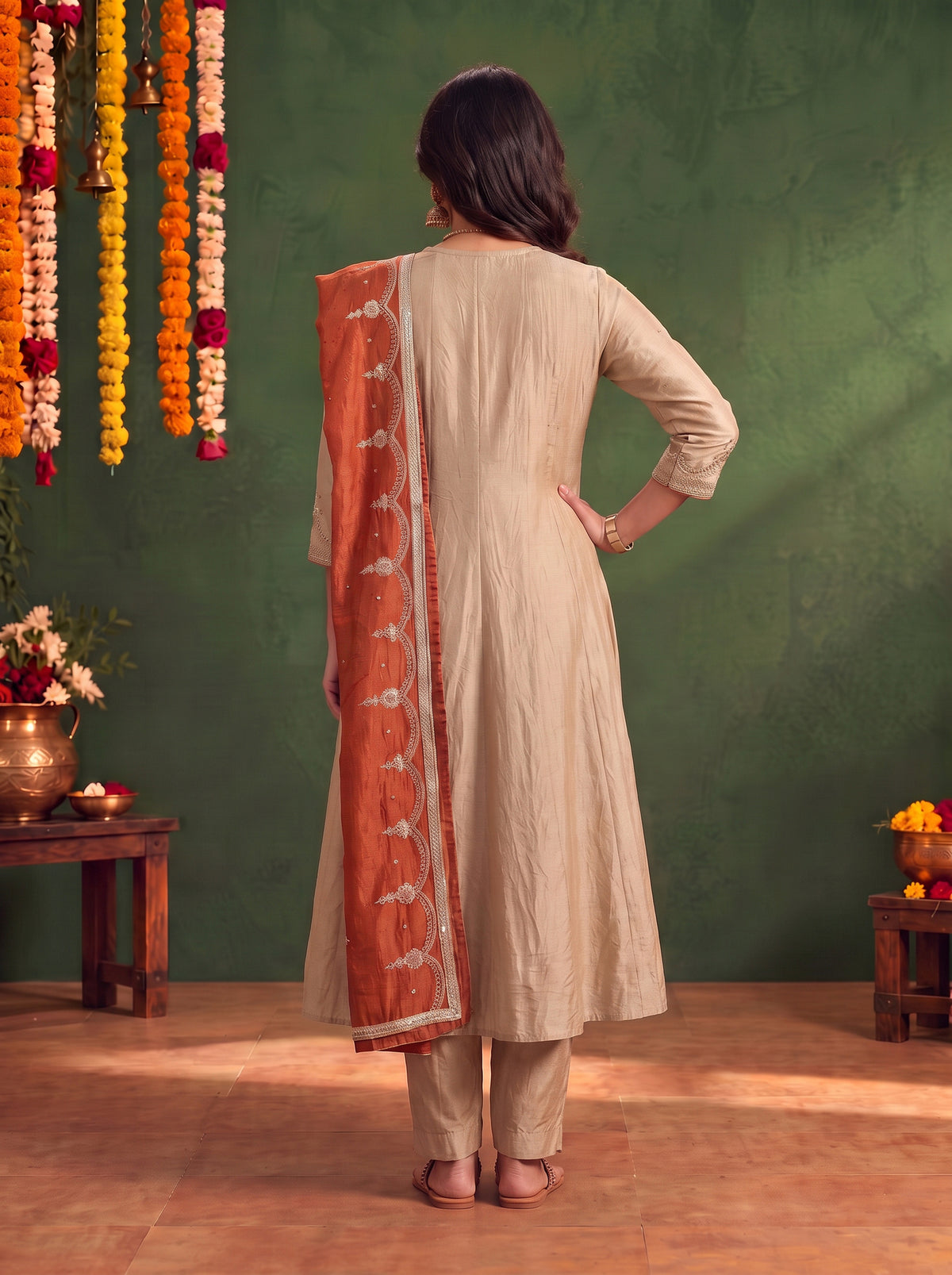 Buy Viscose Embroidered Straight Calf Length Kurta With Pant and Dupatta-Cream
