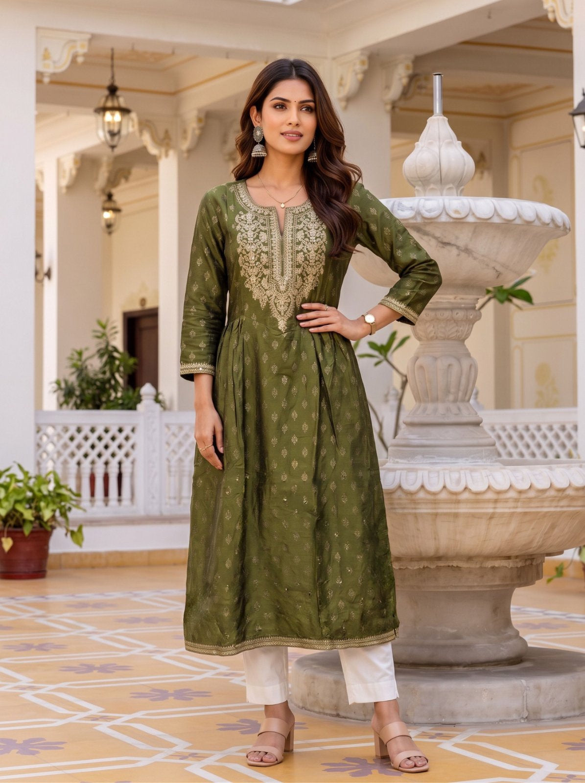 Viscose Embroidered Flared Calf Length Kurta