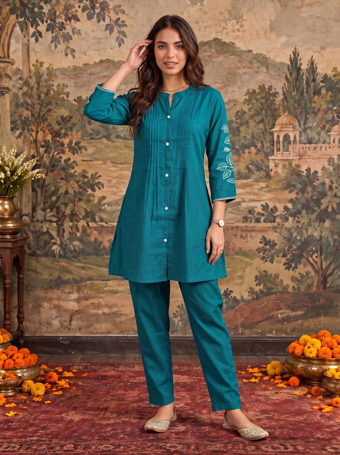 Buy Viscose Embroidered Straight Thigh Length Kurta With Pant-Turquoise