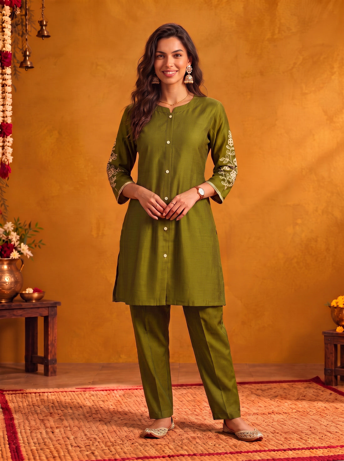 Buy Viscose Embroidered Straight Thigh Length Kurta With Pant-Olive Green