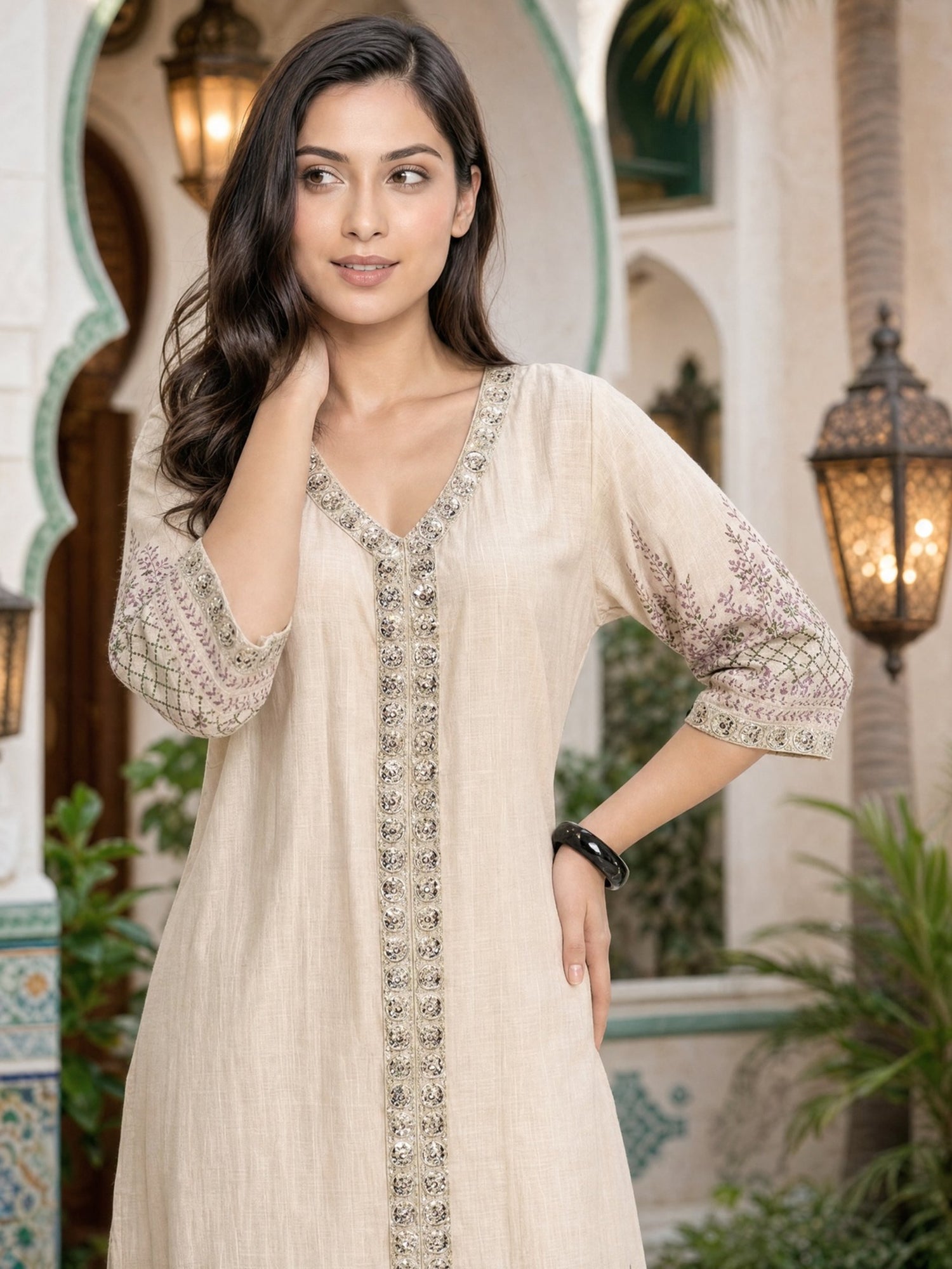 Buy Viscose Embroidered Flared Calf Length Kurta-Cream