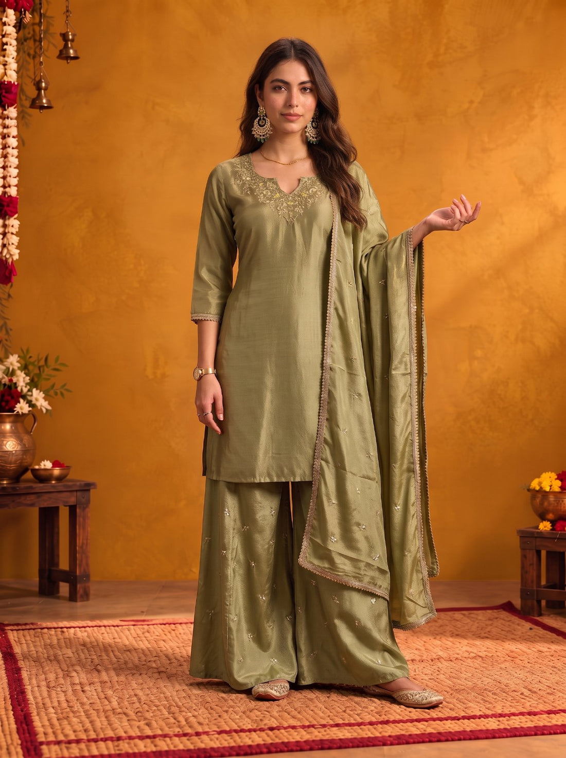 Buy Viscose Embroidered Straight Knee Length Kurta With Pant and Dupatta-Green