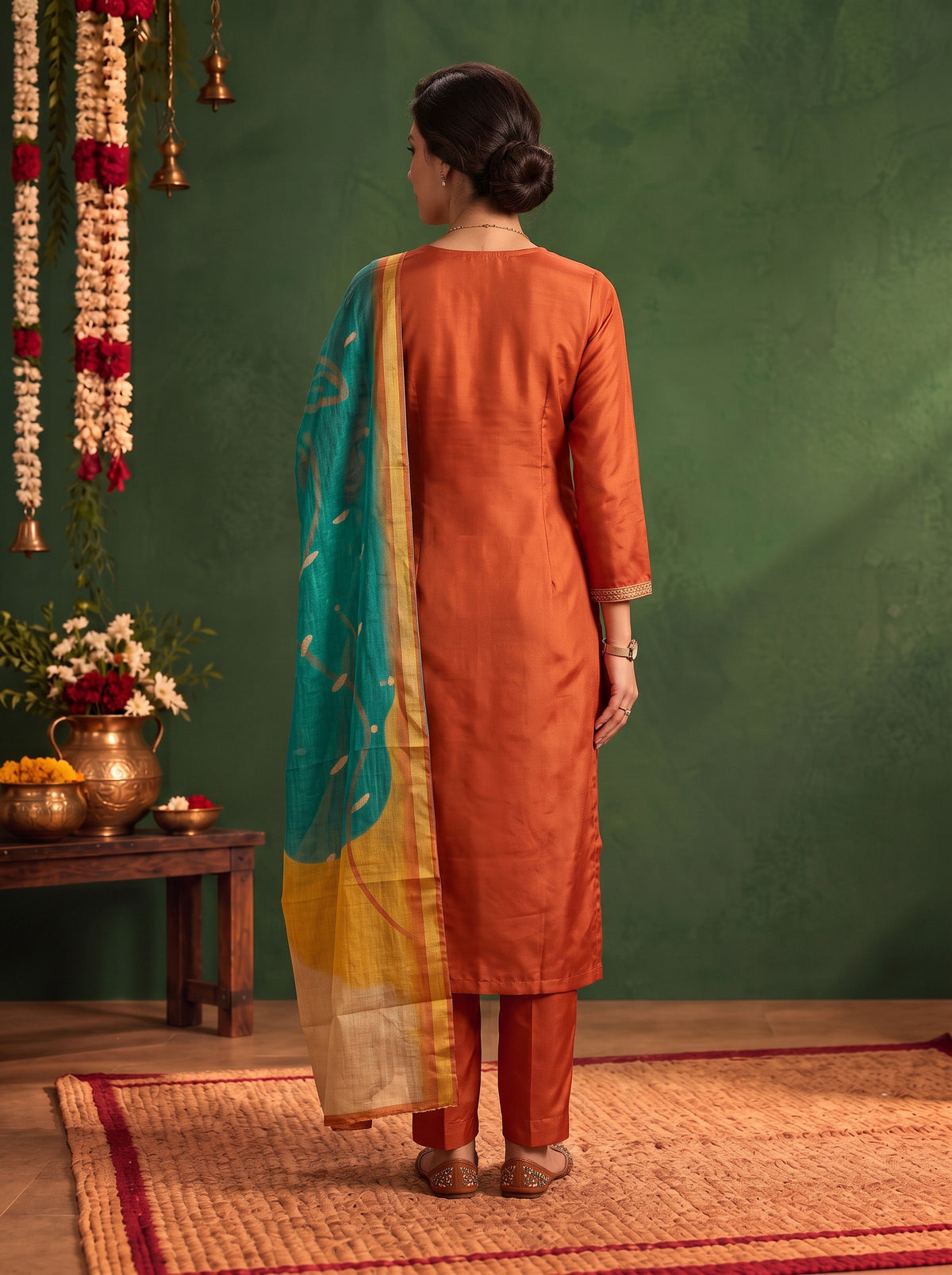 Buy Viscose Embroidered Straight Calf Length Kurta With Pant and Dupatta-Rust