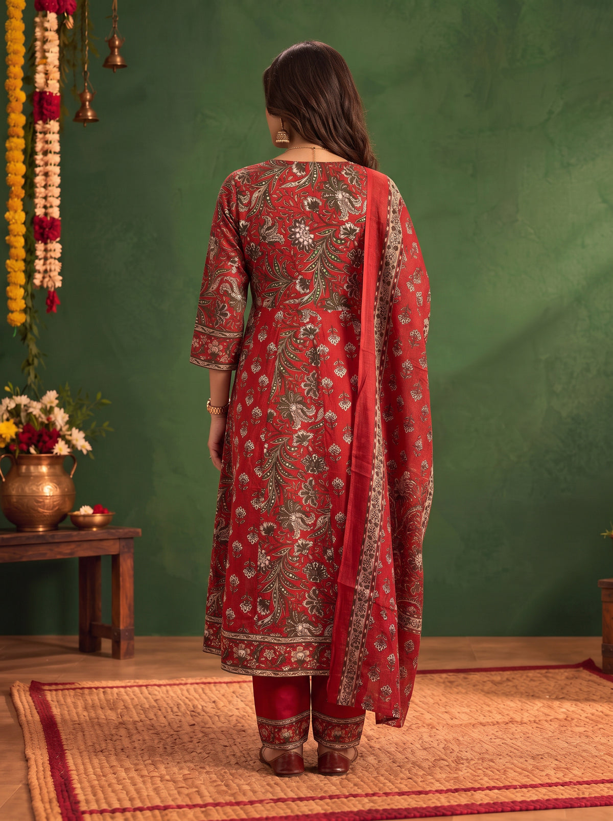 Buy Cotton Printed Flared Calf Length Kurta With Pant and Dupatta-Red
