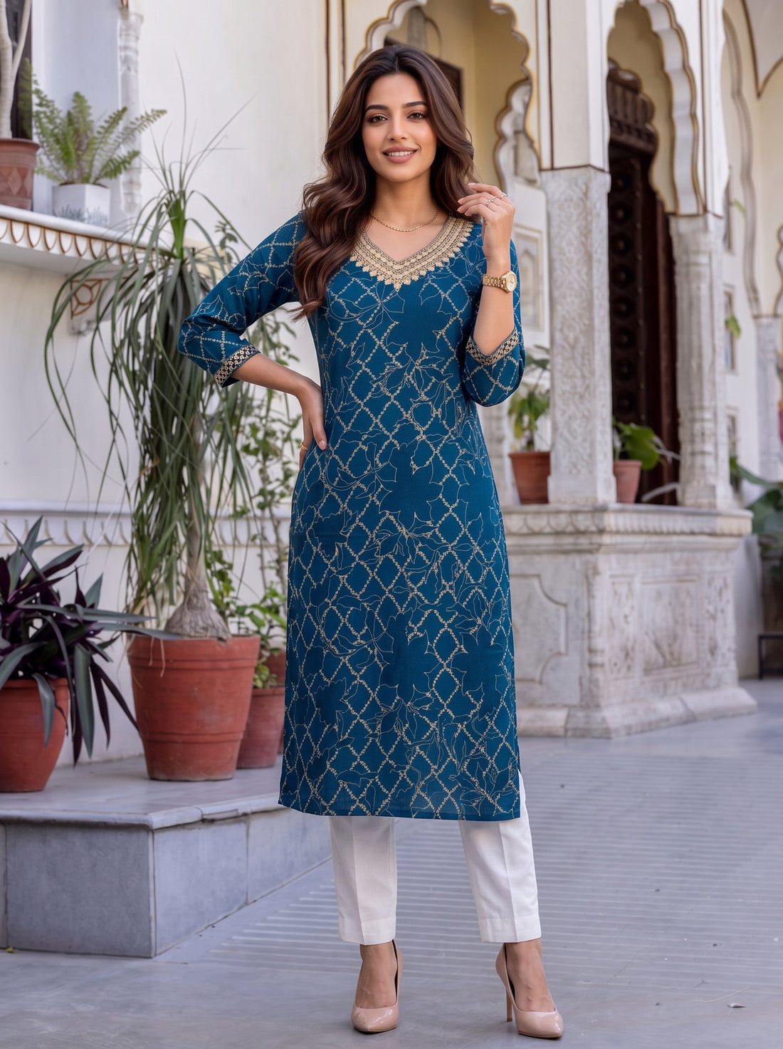 Buy Rayon Embroidered Straight Calf Length Kurta-Teal