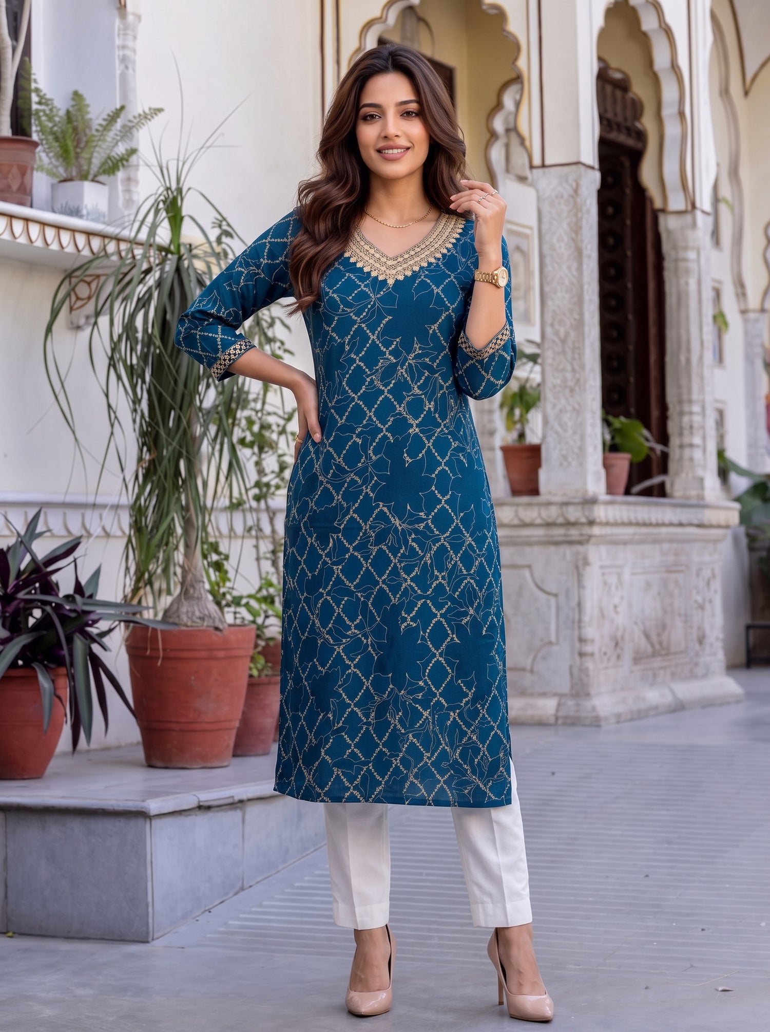 Buy Rayon Embroidered Straight Calf Length Kurta-Teal